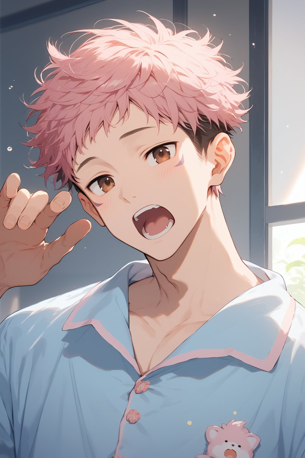 Score_9,score_8_up,score_7_up,Highly detailed, masterpiece, high quality, beautiful, high resolution, good details,1boy,solo,male focus,jjk,yuji itadori,pink hair,short hair,brown eyes,facial mark, pajamas, yawning, close eyes, sleepy, 