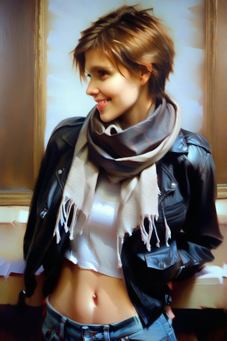 DominoK,short hair,light brown hair,tshirt,navel,black leather jacket,low torn jeans,scarf, half smile, close up