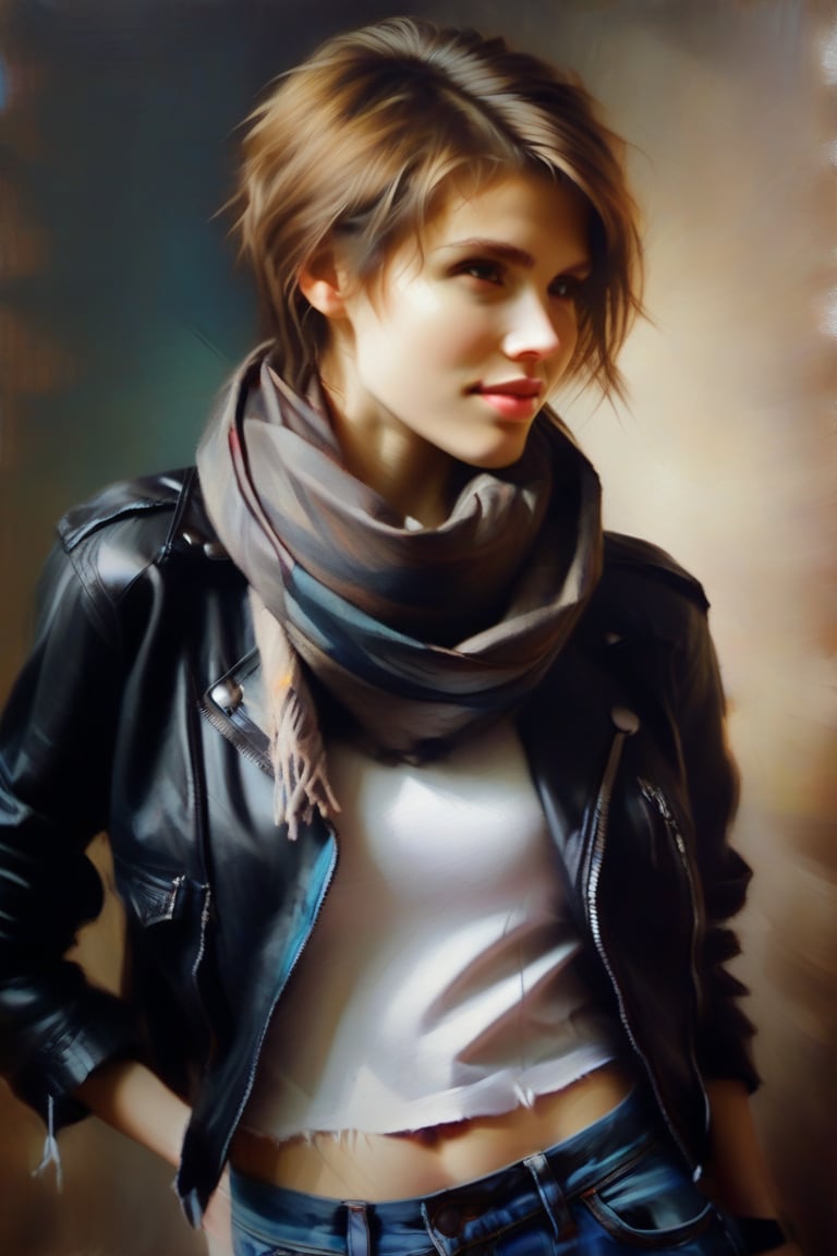 DominoK,short hair,light brown hair,tshirt,navel,black leather jacket,low torn jeans,scarf, half smile, close up