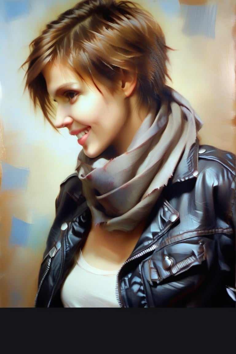 DominoK,short hair,light brown hair,tshirt,navel,black leather jacket,low torn jeans,scarf, half smile, close up