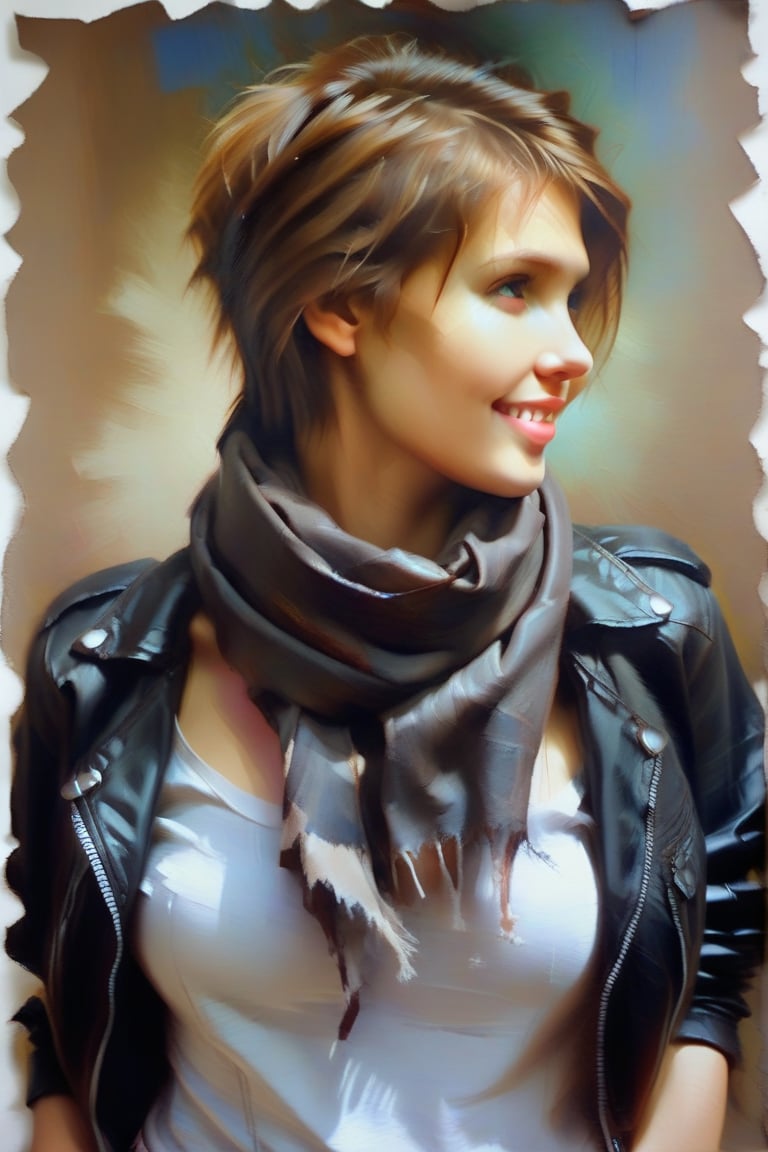 DominoK,short hair,light brown hair,tshirt,navel,black leather jacket,low torn jeans,scarf, half smile, close up