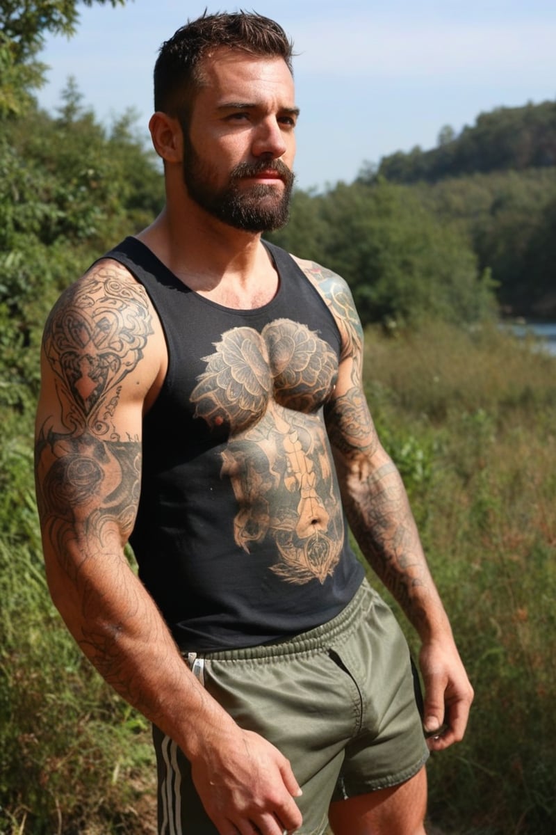 masterpiecem, photorealistic (1man), shoulder and chest tattoos, handsome, facial hair, wearing shorts, outside, vintage nylon shorts