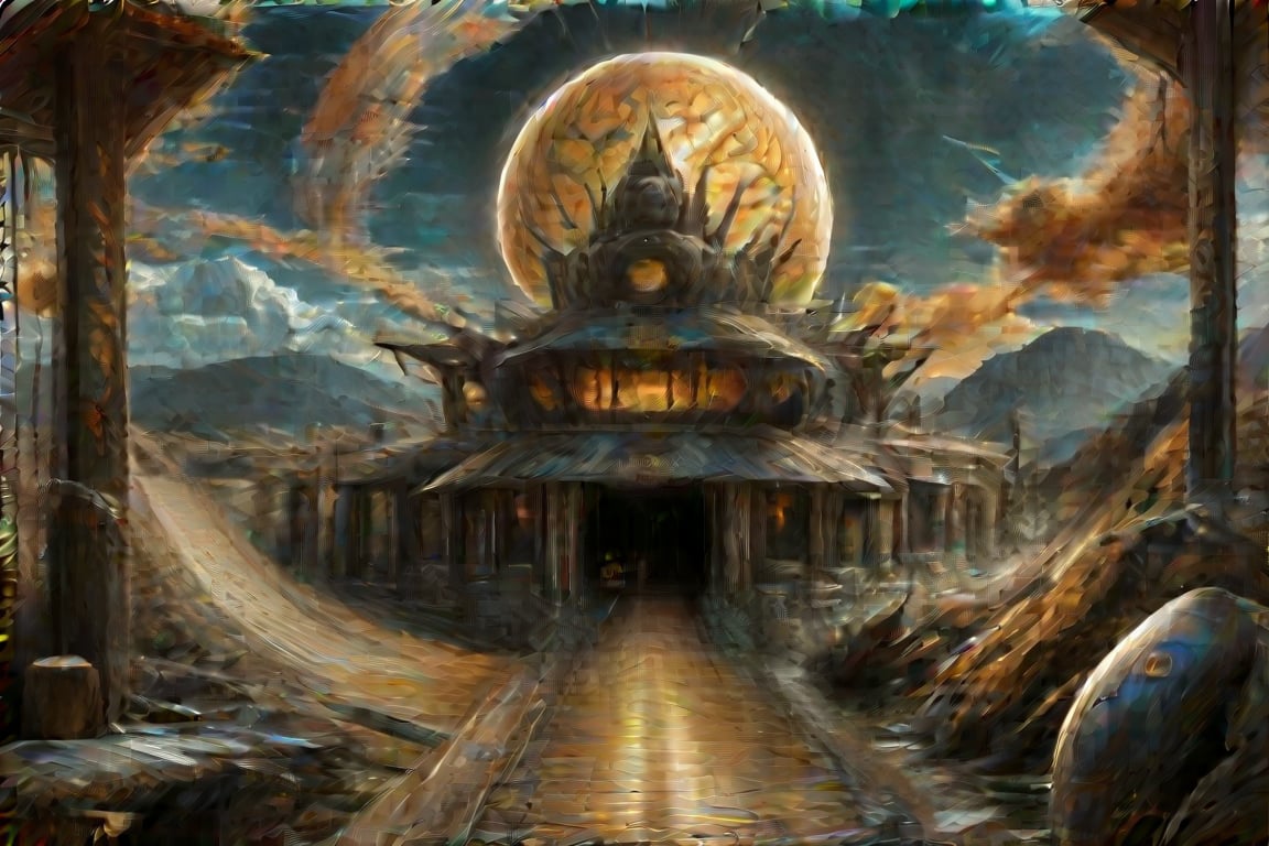 A surreal, futuristic landscape at dusk with a massive, luminous golden moon dominating the sky, casting a warm glow over everything. The moon should be sharp, detailed, and prominent in the foreground. The background should transition into an abstract, painterly environment featuring indistinct forms and shapes suggesting a Tibetan monastery, rendered in a loose, impressionistic style to emphasize mood and atmosphere over detailed realism. The atmosphere should be hazy and diffuse, with the haze or fog being whiter, creating an ethereal and somewhat dystopian feel. Use balanced colors primarily from a palette of grays, blues, and greens to create depth and atmosphere, while incorporating rust-orange, rust-red, rust-brown, rust-yellow, rust-gold, rust-gray, rust-beige, rust-copper, rust-tan, burnt sienna, raw umber, burnt umber, and yellow ochre for accents. These earthy tones should depict worn, weathered, and aged appearances. Incorporate small, distinct accents of rusty orange-yellows and rusty teals to highlight specific areas and enhance visual interest. Ensure the painting blends impressionism and abstraction seamlessly, creating a rich, immersive setting. Utilize Unreal Engine, Octane Render, Hyper Realistic, Cinematic, Epic, and Matte Painting techniques to achieve a high-quality, detailed, and visually striking result."
Lời,Supreme