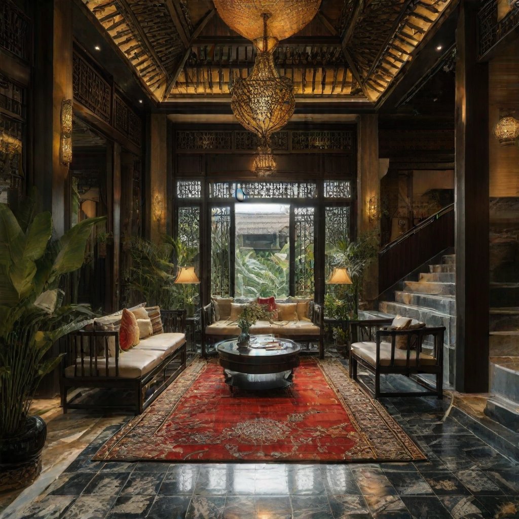 Create an image of an opulent Indochina resort showcasing an awe-inspiring interior design. The scene captures a spacious, open-concept lobby with high ceilings, adorned with intricate wood carvings and traditional silk fabrics. The lighting is soft and warm, highlighting the luxurious textures and vibrant colors of the decor. The composition includes elegant furniture pieces, lush tropical plants, and a grand chandelier. The overall atmosphere exudes a blend of modern luxury and traditional Indochinese charm, inviting viewers to experience the resort's captivating ambiance.