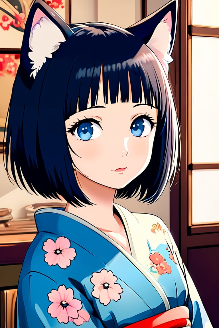 Anime Style,1girl, solo, short hair, black hair, blunt bangs bob cut, animal ears, closed mouth, , japanese kimono clothes, floral print,round eyebrows,vertical pupil blue eyes,loaded interior,by the style of Makoto Shinkai's artwork,ek_an1_b00ster