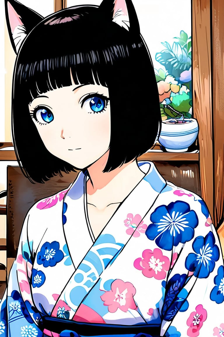 Anime Style,1girl, solo, short hair, black hair, blunt bangs bob cut, animal ears, closed mouth, , japanese kimono clothes, floral print,round eyebrows,vertical pupil blue eyes,loaded interior,by the style of Makoto Shinkai's artwork,ek_an1_b00ster