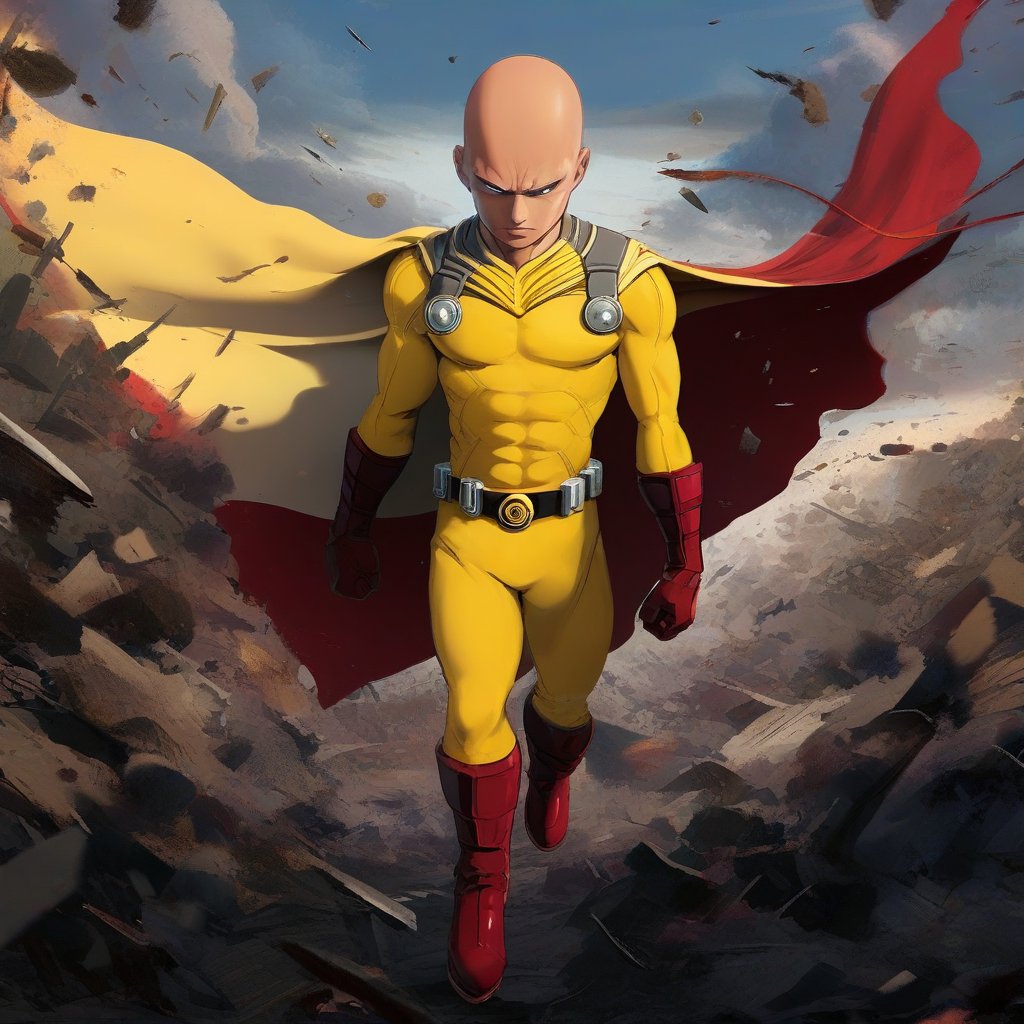 A dramatic digital painting of Saitama, the bald and powerful superhero from One-Punch Man. Framed in a dynamic landscape of destruction, he stands tall with his iconic bodysuit, cape flowing behind him. He wears gloves, boots, and a belt, but it's his striking red footwear that draws attention. The lighting is intense, with bold shadows highlighting Saitama's rugged features as he surveys the devastation around him, his superhuman strength evident in every pose.