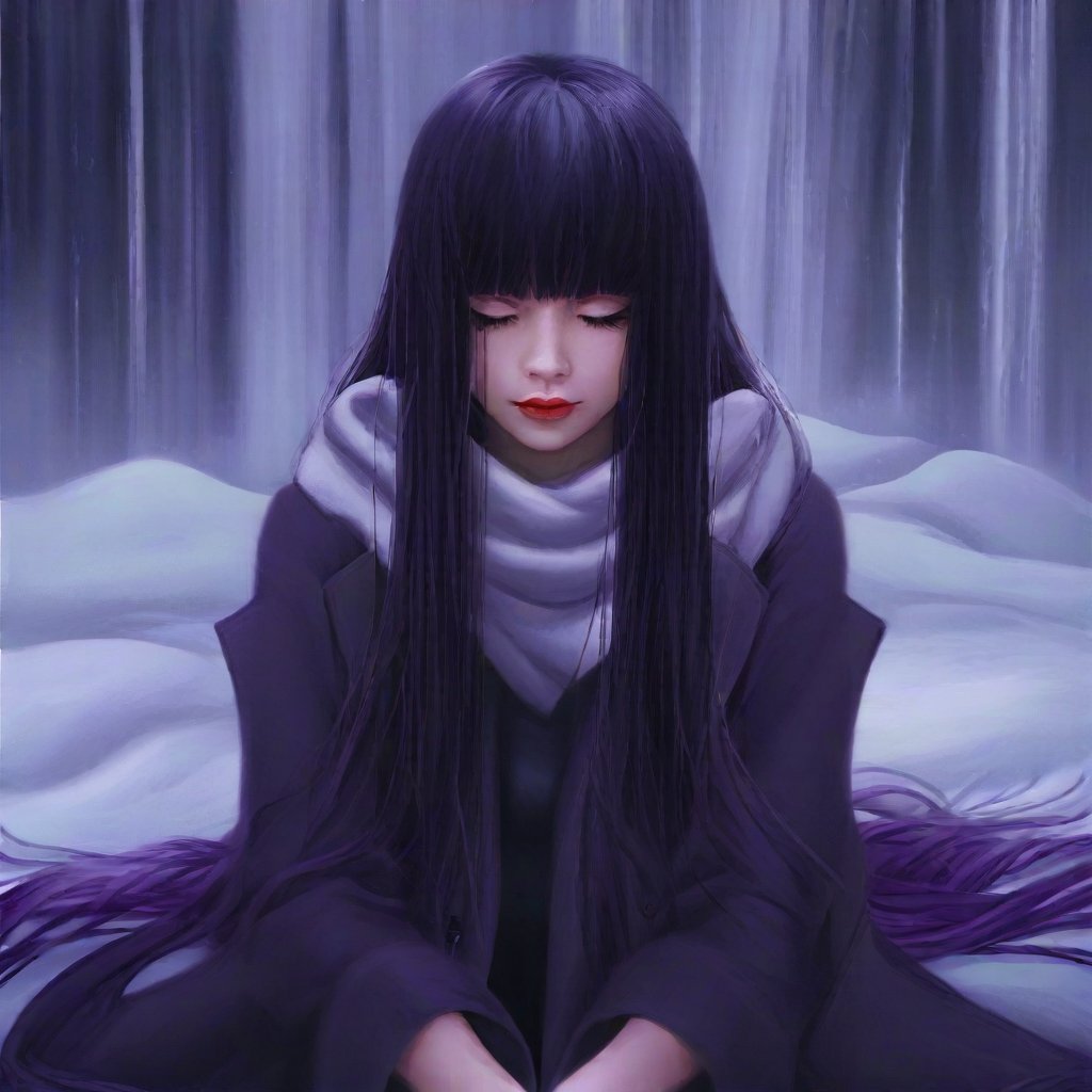  A digital painting of a mysterious figure, shrouded in mystery. The subject sits with closed eyes, their long hair cascading down the back like a rich, dark waterfall, punctuated by blunt bangs framing their enigmatic face. A purple hue infuses their locks, adding an air of whimsy to the scene. Long sleeves cover their arms, while a white scarf wraps snugly around their neck, flapping gently in the snowfall. The subject's lips are pressed together, as if holding a secret. Fitted with a coat and winter clothes, they sit amidst a snowy backdrop, the flakes falling softly onto their shoulders like tears from the sky.