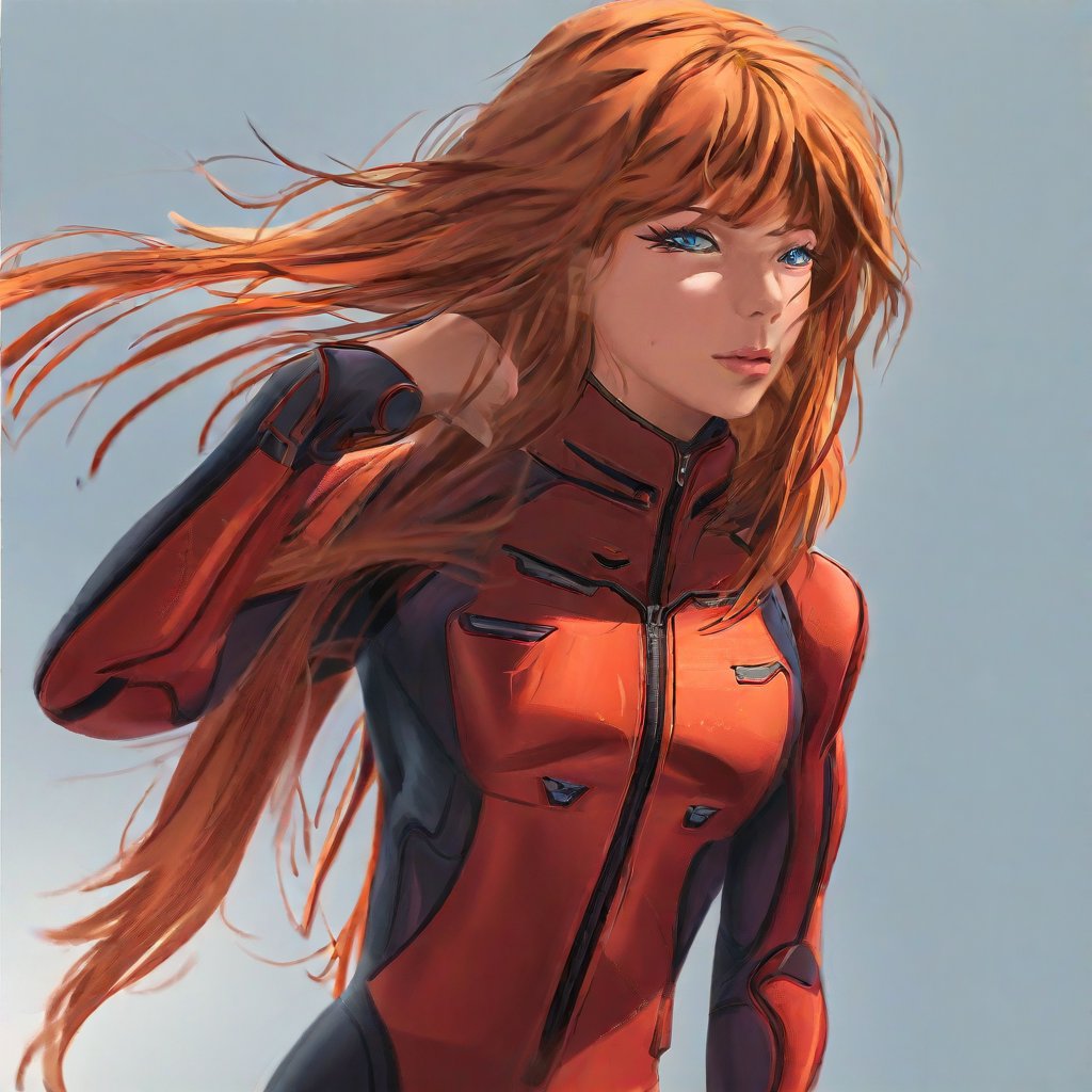 digital painting of Asuka Langley Soryu, a striking pilot, stands confidently with her gaze directed at the viewer. Her long, orange hair flows behind her like a fiery aura, framing her features. A medium-busted bodysuit showcases her toned physique, complemented by a sleek track jacket and matching plugsuit. A red bodysuit peeks out from beneath, adding a pop of color. A cat-shaped hat adorns her head, while an eyepatch adds a touch of mystery. Her blue eyes sparkle with authority as she salutes, her lips set in a determined line. The wind whips her floating hair into a frenzy, capturing the essence of a daring pilot ready to take on any challenge.,