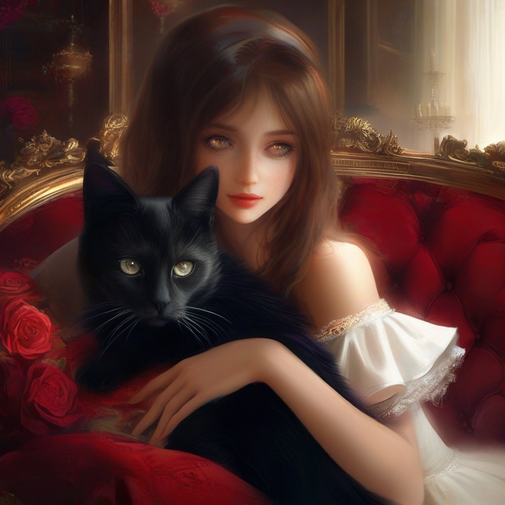 digital painting of a beautiful girl holding a black cat, she is wearing white dress and sitting in red sofa, majestic