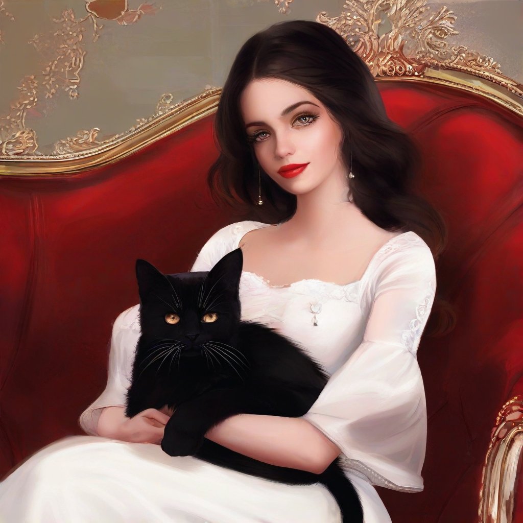 digital painting of a beautiful girl holding a black cat, she is wearing white dress and sitting in red sofa, majestic