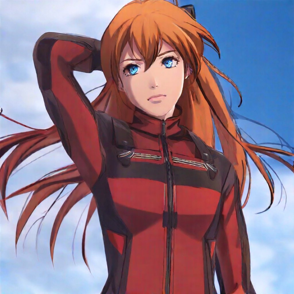 Asuka Langley Soryu, a striking pilot, stands confidently with her gaze directed at the viewer. Her long, orange hair flows behind her like a fiery aura, framing her features. A medium-busted bodysuit showcases her toned physique, complemented by a sleek track jacket and matching plugsuit. A red bodysuit peeks out from beneath, adding a pop of color. A cat-shaped hat adorns her head, while an eyepatch adds a touch of mystery. Her blue eyes sparkle with authority as she salutes, her lips set in a determined line. The wind whips her floating hair into a frenzy, capturing the essence of a daring pilot ready to take on any challenge.