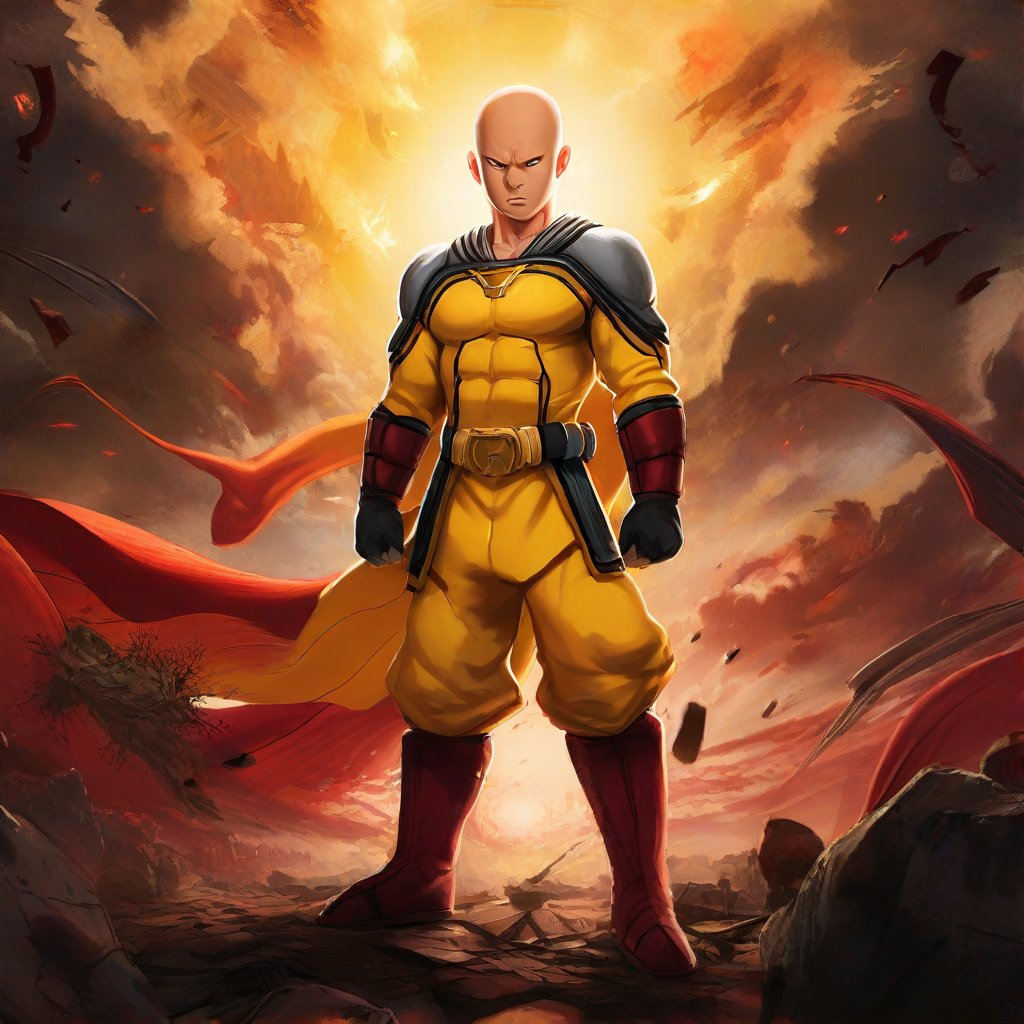 A dramatic digital painting of Saitama, the bald and powerful superhero from One-Punch Man. Framed in a dynamic landscape of destruction, he stands tall with his iconic bodysuit, cape flowing behind him. He wears gloves, boots, and a belt, but it's his striking red footwear that draws attention. The lighting is intense, with bold shadows highlighting Saitama's rugged features as he surveys the devastation around him, his superhuman strength evident in every pose.