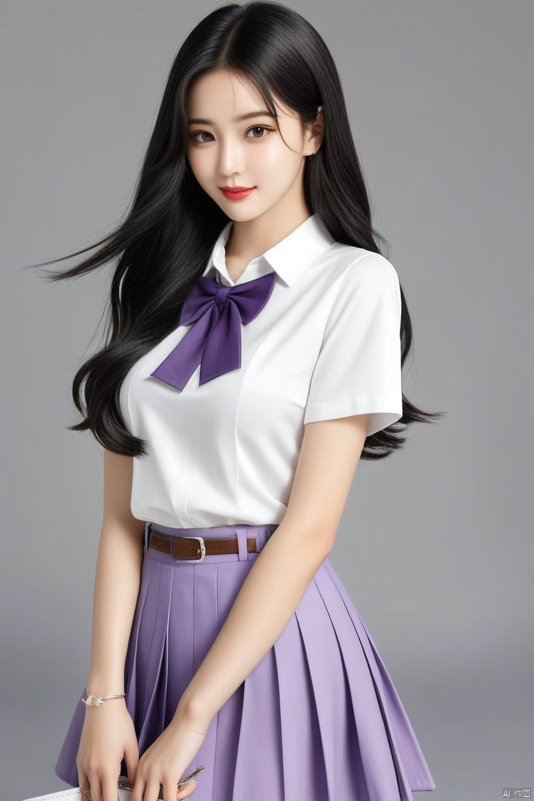 1girl, solo, long hair, looking at viewer, skirt, simple background, shirt, black hair, white shirt, short sleeves, pleated skirt, belt, grey background, black eyes, lips, purple skirt, realistic, shirt tucked in