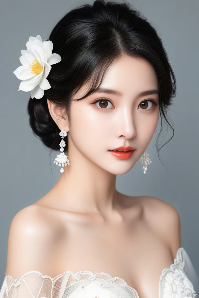 1girl, solo, looking at viewer, short hair, simple background, black hair, hair ornament, dress, bare shoulders, brown eyes, jewelry, upper body, flower, earrings, hair flower, black eyes, lips, makeup, portrait, lace, realistic