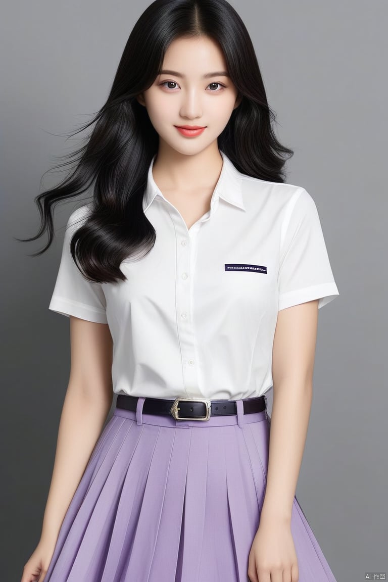 1girl, solo, long hair, looking at viewer, skirt, simple background, shirt, black hair, white shirt, short sleeves, pleated skirt, belt, grey background, black eyes, lips, purple skirt, realistic, shirt tucked in