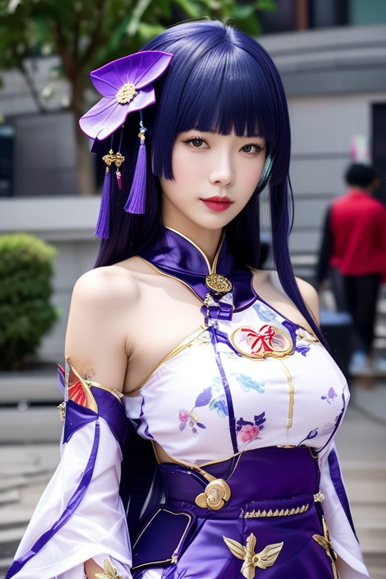 raiden_(genshin_impact). An ultrarealistic absurdres photo of a feminine 1girl with intricate facial features accentuating mesmerizing beauty and perfect model body, cosplay raiden_(genshin_impact) with obi.,ek_real_b00ster