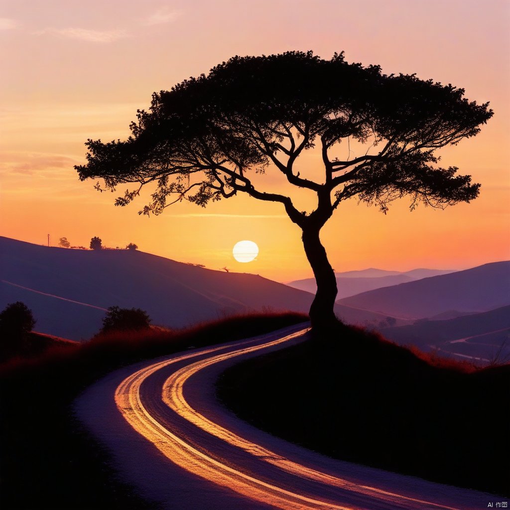 Create a serene rural landscape with a silhouette of a lone tree against a golden sunset. The scene captures a peaceful countryside with rolling hills and a winding dirt road. The sky is painted with warm hues of orange and pink, casting a soft glow on the landscape. The tree stands tall, its branches reaching out, creating a striking silhouette against the vibrant sky. The composition focuses on the tree, with the road leading the eye towards the horizon, emphasizing the tranquility of the scene.