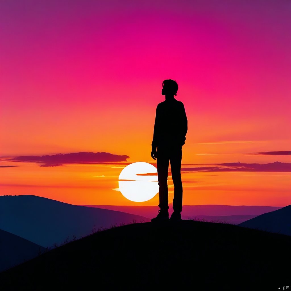 Create an evocative silhouette of a lone figure standing on a hilltop at dusk. The figure is backlit by a vibrant orange and pink sunset, casting a dark, crisp outline against the colorful sky. The landscape features rolling hills and a distant horizon, with the figure's posture suggesting a moment of reflection or contemplation. The composition emphasizes the contrast between the dark silhouette and the warm, radiant sky, capturing a sense of solitude and serenity.