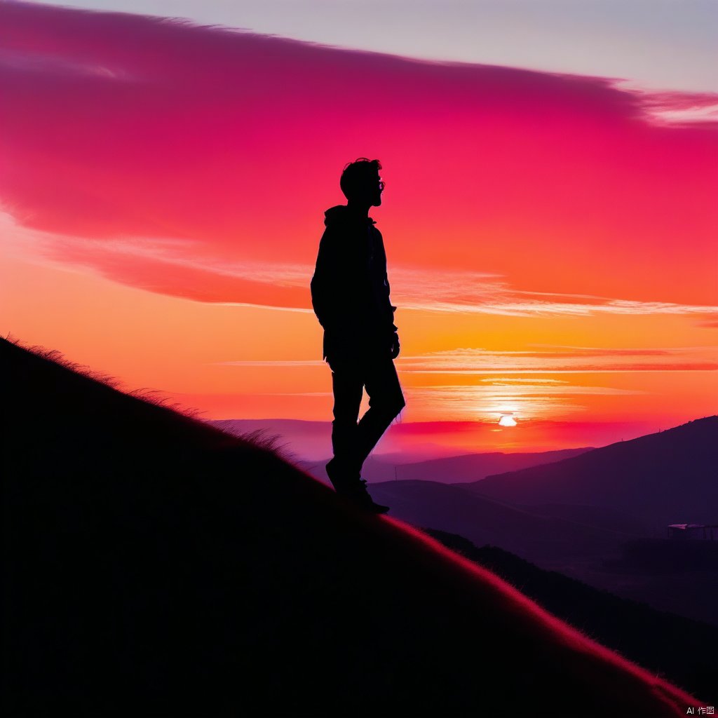 Create an evocative silhouette of a lone figure standing on a hilltop at dusk. The figure is backlit by a vibrant orange and pink sunset, casting a dark, crisp outline against the colorful sky. The landscape features rolling hills and a distant horizon, with the figure's posture suggesting a moment of reflection or contemplation. The composition emphasizes the contrast between the dark silhouette and the warm, radiant sky, capturing a sense of solitude and serenity.