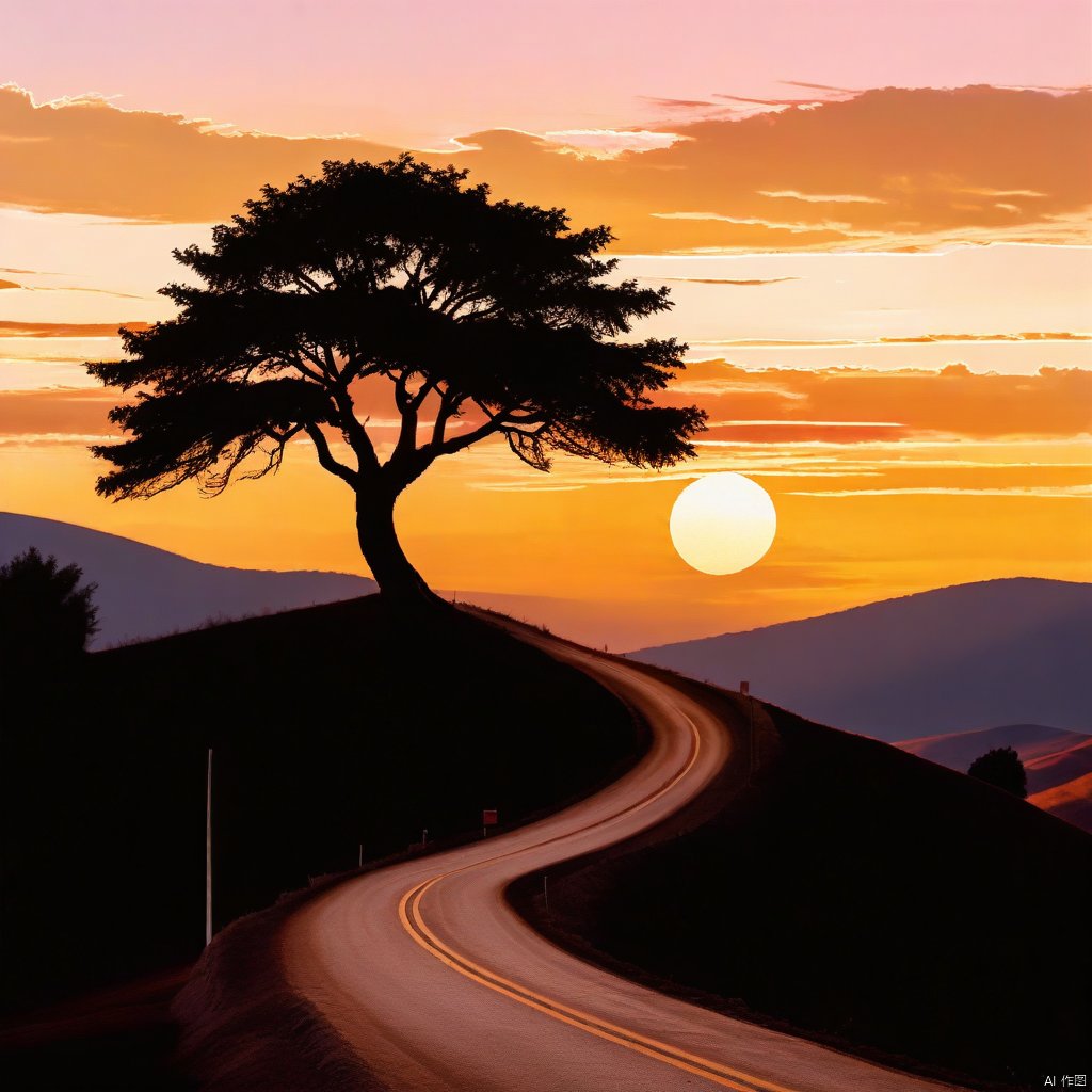 Create a serene rural landscape with a silhouette of a lone tree against a golden sunset. The scene captures a peaceful countryside with rolling hills and a winding dirt road. The sky is painted with warm hues of orange and pink, casting a soft glow on the landscape. The tree stands tall, its branches reaching out, creating a striking silhouette against the vibrant sky. The composition focuses on the tree, with the road leading the eye towards the horizon, emphasizing the tranquility of the scene.