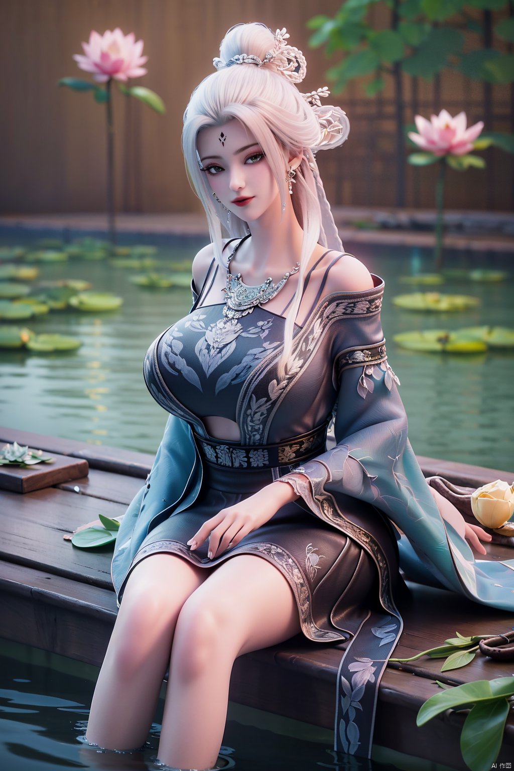  (1girl:1.1), (Lace pink-green skirt:1.39), on Stomach,aqua_earrings,Lights, lanterns, chang,(big breasts:1.56),hanfu, Best quality, Realistic, photorealistic, masterpiece, extremely detailed CG unity 8k wallpaper, best illumination, best shadow, huge filesize ,(huge breasts:1.59) incredibly absurdres, absurdres, looking at viewer, transparent, smog, gauze, vase, petals, room, ancient Chinese style, detailed background, wide shot background,
(((black hair))),(Sitting on the lotus pond porch:1.49) ,(A pond full of pink lotus flowers:1.5),close up of 1girl,Hairpins,hair ornament,hair wings,slim,narrow waist,perfect eyes,beautiful perfect face,pleasant smile,perfect female figure,detailed skin,charming,alluring,seductive,erotic,enchanting,delicate pattern,detailed complex and rich exquisite clothing detail,delicate intricate fabrics,
Morning Serenade In the gentle morning glow, (a woman in a pink lotus-patterned Hanfu stands in an indoor courtyard:1.36),(Chinese traditional dragon and phoenix embroidered Hanfu:1.3), admiring the tranquil garden scenery. The lotus-patterned Hanfu, embellished with silver-thread embroidery, is softly illuminated by the morning light. The light mint green Hanfu imparts a sense of calm and freshness, adorned with delicate lotus patterns, with a blurred background to enhance the peaceful atmosphere, song_hanfu, tang_hanfu,Xtianhuxiaobai