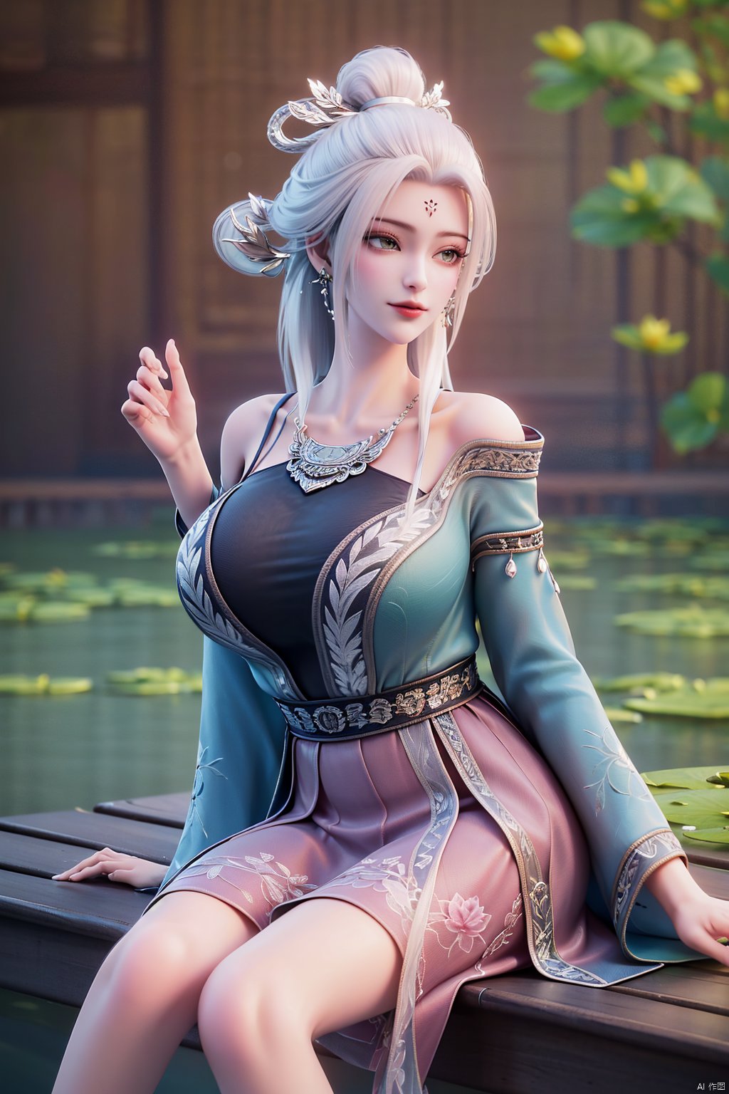  (1girl:1.1), (Lace pink-green skirt:1.39), on Stomach,aqua_earrings,Lights, lanterns, chang,(big breasts:1.56),hanfu, Best quality, Realistic, photorealistic, masterpiece, extremely detailed CG unity 8k wallpaper, best illumination, best shadow, huge filesize ,(huge breasts:1.59) incredibly absurdres, absurdres, looking at viewer, transparent, smog, gauze, vase, petals, room, ancient Chinese style, detailed background, wide shot background,
(((black hair))),(Sitting on the lotus pond porch:1.49) ,(A pond full of pink lotus flowers:1.5),close up of 1girl,Hairpins,hair ornament,hair wings,slim,narrow waist,perfect eyes,beautiful perfect face,pleasant smile,perfect female figure,detailed skin,charming,alluring,seductive,erotic,enchanting,delicate pattern,detailed complex and rich exquisite clothing detail,delicate intricate fabrics,
Morning Serenade In the gentle morning glow, (a woman in a pink lotus-patterned Hanfu stands in an indoor courtyard:1.36),(Chinese traditional dragon and phoenix embroidered Hanfu:1.3), admiring the tranquil garden scenery. The lotus-patterned Hanfu, embellished with silver-thread embroidery, is softly illuminated by the morning light. The light mint green Hanfu imparts a sense of calm and freshness, adorned with delicate lotus patterns, with a blurred background to enhance the peaceful atmosphere, song_hanfu, tang_hanfu,Xtianhuxiaobai