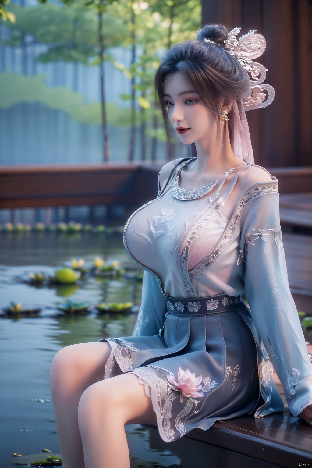  (1girl:1.1), (Lace pink-green skirt:1.39), on Stomach,aqua_earrings,Lights, lanterns, chang,(big breasts:1.56),hanfu, Best quality, Realistic, photorealistic, masterpiece, extremely detailed CG unity 8k wallpaper, best illumination, best shadow, huge filesize ,(huge breasts:1.59) incredibly absurdres, absurdres, looking at viewer, transparent, smog, gauze, vase, petals, room, ancient Chinese style, detailed background, wide shot background,
(((black hair))),(Sitting on the lotus pond porch:1.49) ,(A pond full of pink lotus flowers:1.5),close up of 1girl,Hairpins,hair ornament,hair wings,slim,narrow waist,perfect eyes,beautiful perfect face,pleasant smile,perfect female figure,detailed skin,charming,alluring,seductive,erotic,enchanting,delicate pattern,detailed complex and rich exquisite clothing detail,delicate intricate fabrics,
Morning Serenade In the gentle morning glow, (a woman in a pink lotus-patterned Hanfu stands in an indoor courtyard:1.36),(Chinese traditional dragon and phoenix embroidered Hanfu:1.3), admiring the tranquil garden scenery. The lotus-patterned Hanfu, embellished with silver-thread embroidery, is softly illuminated by the morning light. The light mint green Hanfu imparts a sense of calm and freshness, adorned with delicate lotus patterns, with a blurred background to enhance the peaceful atmosphere, song_hanfu, tang_hanfu,Xtianhuxiaobai