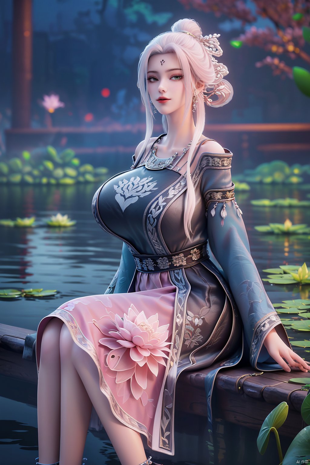  (1girl:1.1), (Lace pink-green skirt:1.39), on Stomach,aqua_earrings,Lights, lanterns, chang,(big breasts:1.56),hanfu, Best quality, Realistic, photorealistic, masterpiece, extremely detailed CG unity 8k wallpaper, best illumination, best shadow, huge filesize ,(huge breasts:1.59) incredibly absurdres, absurdres, looking at viewer, transparent, smog, gauze, vase, petals, room, ancient Chinese style, detailed background, wide shot background,
(((black hair))),(Sitting on the lotus pond porch:1.49) ,(A pond full of pink lotus flowers:1.5),close up of 1girl,Hairpins,hair ornament,hair wings,slim,narrow waist,perfect eyes,beautiful perfect face,pleasant smile,perfect female figure,detailed skin,charming,alluring,seductive,erotic,enchanting,delicate pattern,detailed complex and rich exquisite clothing detail,delicate intricate fabrics,
Morning Serenade In the gentle morning glow, (a woman in a pink lotus-patterned Hanfu stands in an indoor courtyard:1.36),(Chinese traditional dragon and phoenix embroidered Hanfu:1.3), admiring the tranquil garden scenery. The lotus-patterned Hanfu, embellished with silver-thread embroidery, is softly illuminated by the morning light. The light mint green Hanfu imparts a sense of calm and freshness, adorned with delicate lotus patterns, with a blurred background to enhance the peaceful atmosphere, song_hanfu, tang_hanfu,Xtianhuxiaobai