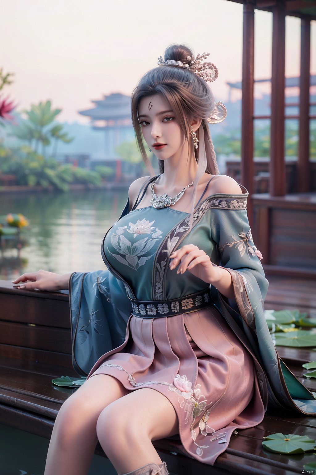  (1girl:1.1), (Lace pink-green skirt:1.39), on Stomach,aqua_earrings,Lights, lanterns, chang,(big breasts:1.56),hanfu, Best quality, Realistic, photorealistic, masterpiece, extremely detailed CG unity 8k wallpaper, best illumination, best shadow, huge filesize ,(huge breasts:1.59) incredibly absurdres, absurdres, looking at viewer, transparent, smog, gauze, vase, petals, room, ancient Chinese style, detailed background, wide shot background,
(((black hair))),(Sitting on the lotus pond porch:1.49) ,(A pond full of pink lotus flowers:1.5),close up of 1girl,Hairpins,hair ornament,hair wings,slim,narrow waist,perfect eyes,beautiful perfect face,pleasant smile,perfect female figure,detailed skin,charming,alluring,seductive,erotic,enchanting,delicate pattern,detailed complex and rich exquisite clothing detail,delicate intricate fabrics,
Morning Serenade In the gentle morning glow, (a woman in a pink lotus-patterned Hanfu stands in an indoor courtyard:1.36),(Chinese traditional dragon and phoenix embroidered Hanfu:1.3), admiring the tranquil garden scenery. The lotus-patterned Hanfu, embellished with silver-thread embroidery, is softly illuminated by the morning light. The light mint green Hanfu imparts a sense of calm and freshness, adorned with delicate lotus patterns, with a blurred background to enhance the peaceful atmosphere, song_hanfu, tang_hanfu,Xtianhuxiaobai