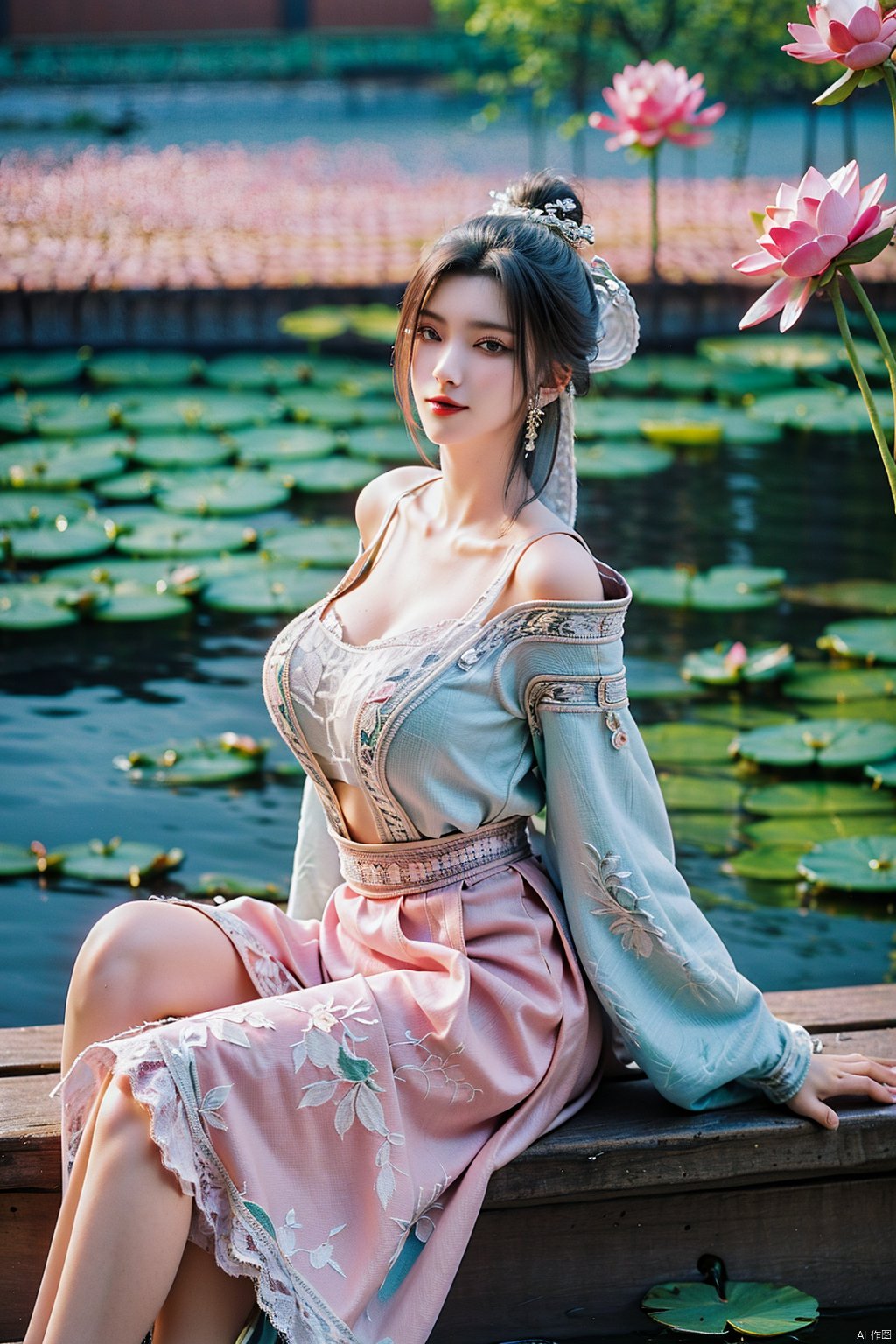  (1girl:1.1), (Lace pink-green skirt:1.39), on Stomach,aqua_earrings,Lights, lanterns, chang,(big breasts:1.56),hanfu, Best quality, Realistic, photorealistic, masterpiece, extremely detailed CG unity 8k wallpaper, best illumination, best shadow, huge filesize ,(huge breasts:1.59) incredibly absurdres, absurdres, looking at viewer, transparent, smog, gauze, vase, petals, room, ancient Chinese style, detailed background, wide shot background,
(((black hair))),(Sitting on the lotus pond porch:1.49) ,(A pond full of pink lotus flowers:1.5),close up of 1girl,Hairpins,hair ornament,hair wings,slim,narrow waist,perfect eyes,beautiful perfect face,pleasant smile,perfect female figure,detailed skin,charming,alluring,seductive,erotic,enchanting,delicate pattern,detailed complex and rich exquisite clothing detail,delicate intricate fabrics,
Morning Serenade In the gentle morning glow, (a woman in a pink lotus-patterned Hanfu stands in an indoor courtyard:1.36),(Chinese traditional dragon and phoenix embroidered Hanfu:1.3), admiring the tranquil garden scenery. The lotus-patterned Hanfu, embellished with silver-thread embroidery, is softly illuminated by the morning light. The light mint green Hanfu imparts a sense of calm and freshness, adorned with delicate lotus patterns, with a blurred background to enhance the peaceful atmosphere, song_hanfu, tang_hanfu,Xtianhuxiaobai