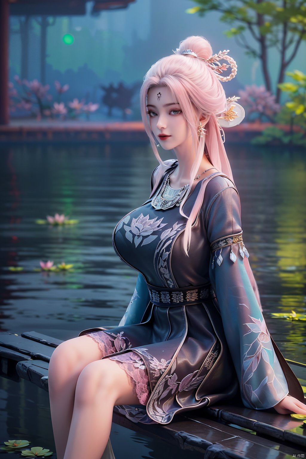  (1girl:1.1), (Lace pink-green skirt:1.39), on Stomach,aqua_earrings,Lights, lanterns, chang,(big breasts:1.56),hanfu, Best quality, Realistic, photorealistic, masterpiece, extremely detailed CG unity 8k wallpaper, best illumination, best shadow, huge filesize ,(huge breasts:1.59) incredibly absurdres, absurdres, looking at viewer, transparent, smog, gauze, vase, petals, room, ancient Chinese style, detailed background, wide shot background,
(((black hair))),(Sitting on the lotus pond porch:1.49) ,(A pond full of pink lotus flowers:1.5),close up of 1girl,Hairpins,hair ornament,hair wings,slim,narrow waist,perfect eyes,beautiful perfect face,pleasant smile,perfect female figure,detailed skin,charming,alluring,seductive,erotic,enchanting,delicate pattern,detailed complex and rich exquisite clothing detail,delicate intricate fabrics,
Morning Serenade In the gentle morning glow, (a woman in a pink lotus-patterned Hanfu stands in an indoor courtyard:1.36),(Chinese traditional dragon and phoenix embroidered Hanfu:1.3), admiring the tranquil garden scenery. The lotus-patterned Hanfu, embellished with silver-thread embroidery, is softly illuminated by the morning light. The light mint green Hanfu imparts a sense of calm and freshness, adorned with delicate lotus patterns, with a blurred background to enhance the peaceful atmosphere, song_hanfu, tang_hanfu,Xtianhuxiaobai