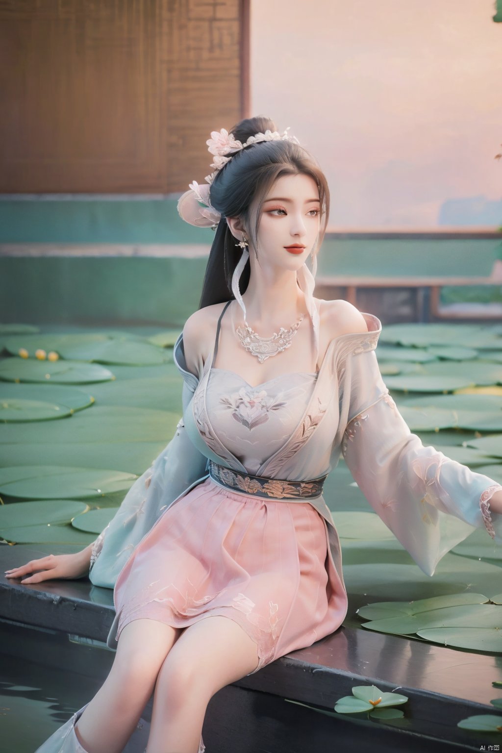  (1girl:1.1), (Lace pink-green skirt:1.39), on Stomach,aqua_earrings,Lights, lanterns, chang,(big breasts:1.56),hanfu, Best quality, Realistic, photorealistic, masterpiece, extremely detailed CG unity 8k wallpaper, best illumination, best shadow, huge filesize ,(huge breasts:1.59) incredibly absurdres, absurdres, looking at viewer, transparent, smog, gauze, vase, petals, room, ancient Chinese style, detailed background, wide shot background,
(((black hair))),(Sitting on the lotus pond porch:1.49) ,(A pond full of pink lotus flowers:1.5),close up of 1girl,Hairpins,hair ornament,hair wings,slim,narrow waist,perfect eyes,beautiful perfect face,pleasant smile,perfect female figure,detailed skin,charming,alluring,seductive,erotic,enchanting,delicate pattern,detailed complex and rich exquisite clothing detail,delicate intricate fabrics,
Morning Serenade In the gentle morning glow, (a woman in a pink lotus-patterned Hanfu stands in an indoor courtyard:1.36),(Chinese traditional dragon and phoenix embroidered Hanfu:1.3), admiring the tranquil garden scenery. The lotus-patterned Hanfu, embellished with silver-thread embroidery, is softly illuminated by the morning light. The light mint green Hanfu imparts a sense of calm and freshness, adorned with delicate lotus patterns, with a blurred background to enhance the peaceful atmosphere, song_hanfu, tang_hanfu,Xtianhuxiaobai