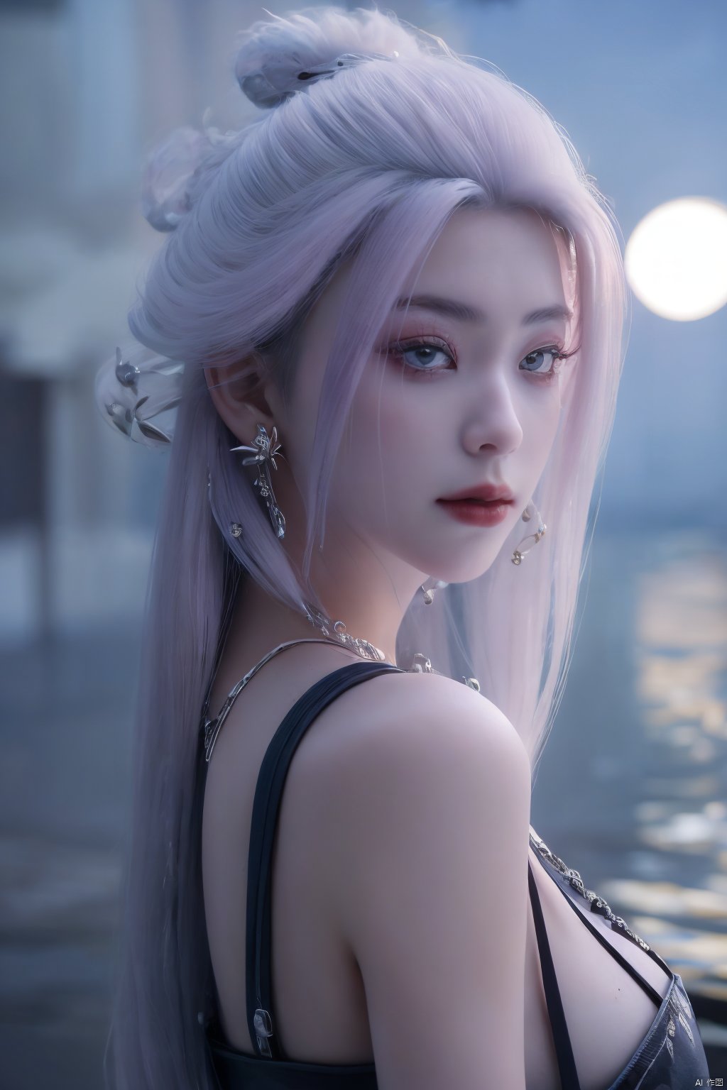  (best quality,masterpiece),Yunxiao_Fairy,1girl,solo,long hair,looking at viewer,jewelry,closed mouth,purple eyes,upper body,purple hair,earrings,blurry,blurry background,sunlight,red lips,(big breasts:1.39),(Peony,full moon:1.39),Xtianhuxiaobai