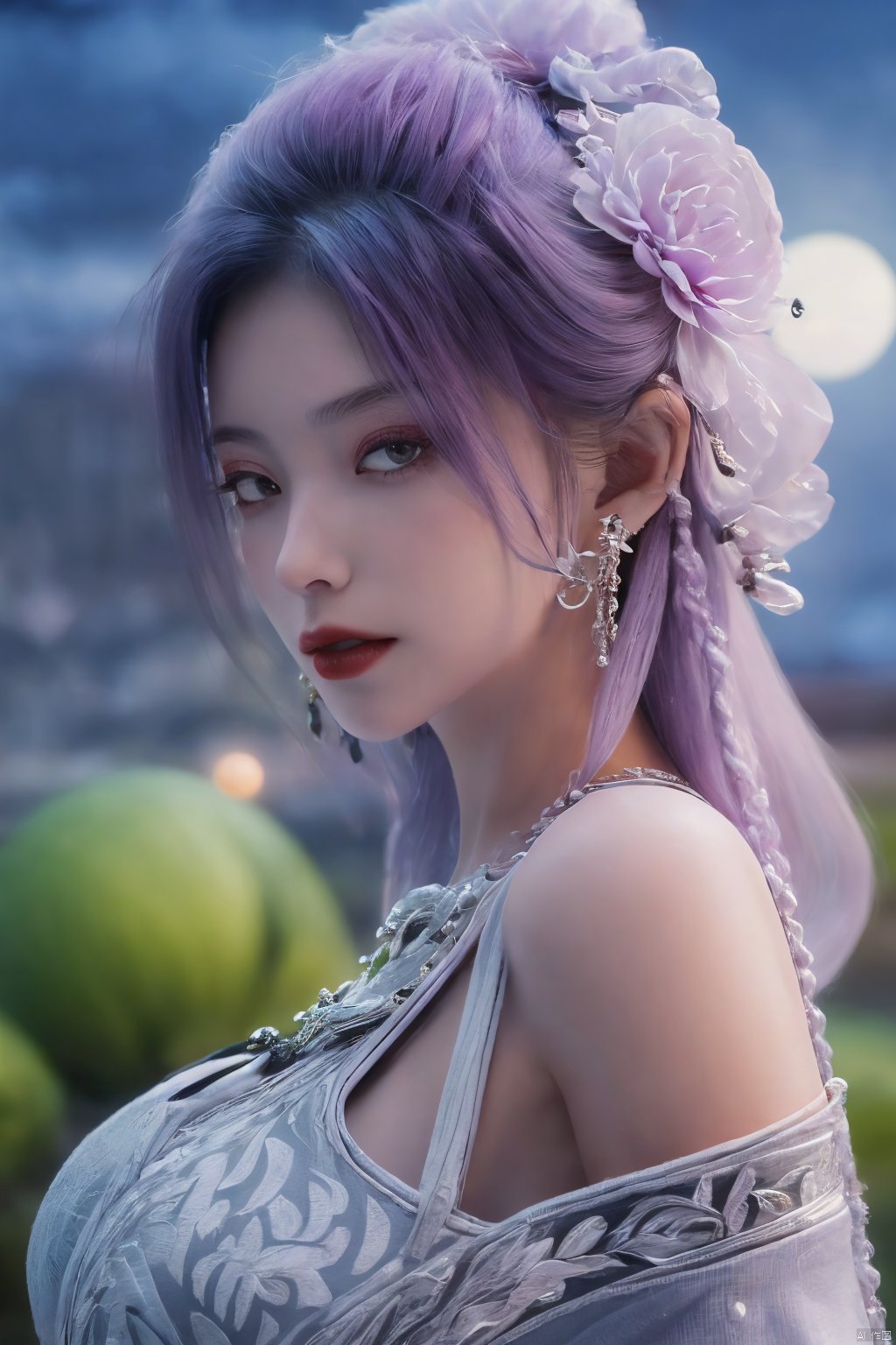  (best quality,masterpiece),Yunxiao_Fairy,1girl,solo,long hair,looking at viewer,jewelry,closed mouth,purple eyes,upper body,purple hair,earrings,blurry,blurry background,sunlight,red lips,(big breasts:1.39),(Peony,full moon:1.39),Xtianhuxiaobai