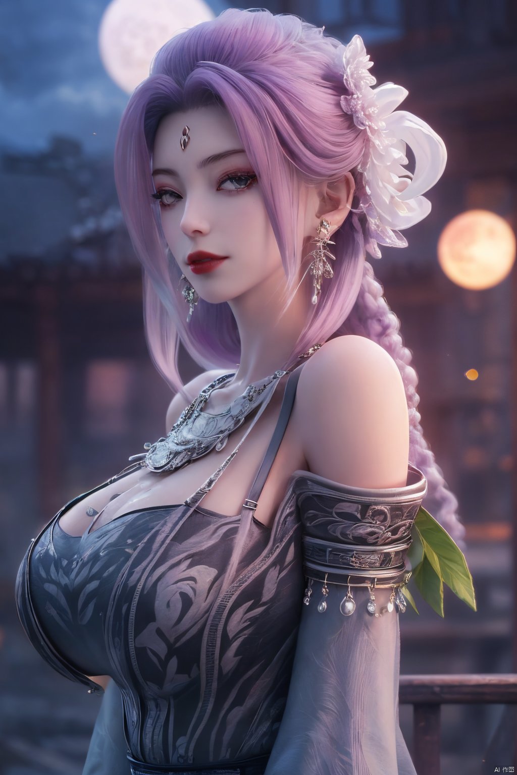  (best quality,masterpiece),Yunxiao_Fairy,1girl,solo,long hair,looking at viewer,jewelry,closed mouth,purple eyes,upper body,purple hair,earrings,blurry,blurry background,sunlight,red lips,(big breasts:1.39),(Peony,full moon:1.39),Xtianhuxiaobai