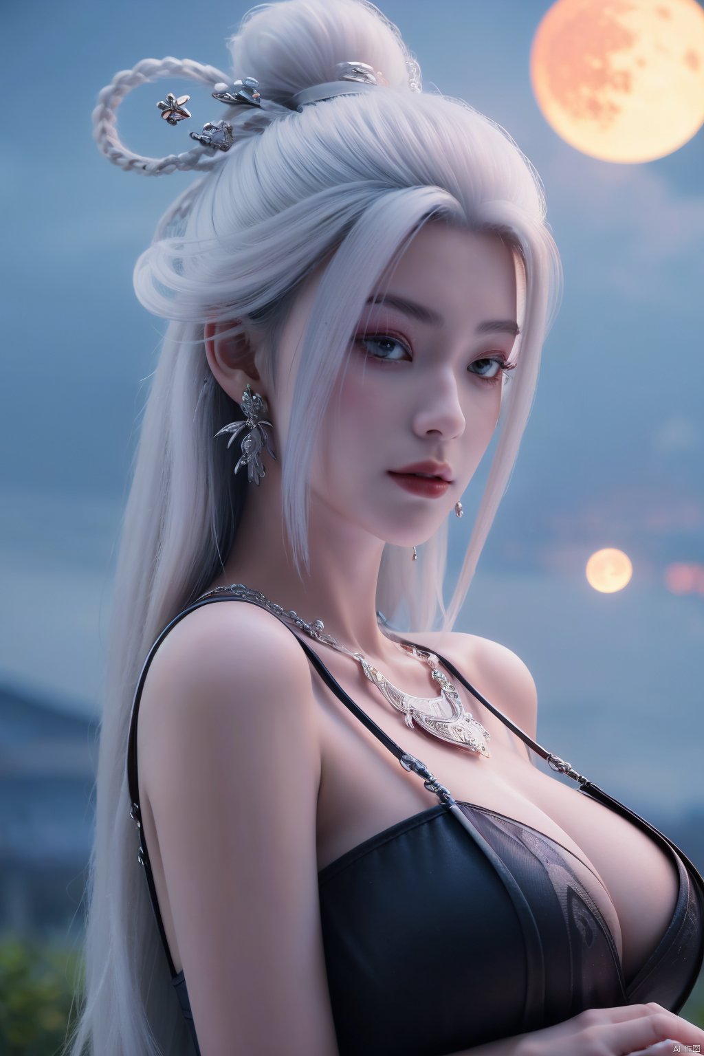  (best quality,masterpiece),Yunxiao_Fairy,1girl,solo,long hair,looking at viewer,jewelry,closed mouth,purple eyes,upper body,purple hair,earrings,blurry,blurry background,sunlight,red lips,(big breasts:1.39),(Peony,full moon:1.39),Xtianhuxiaobai