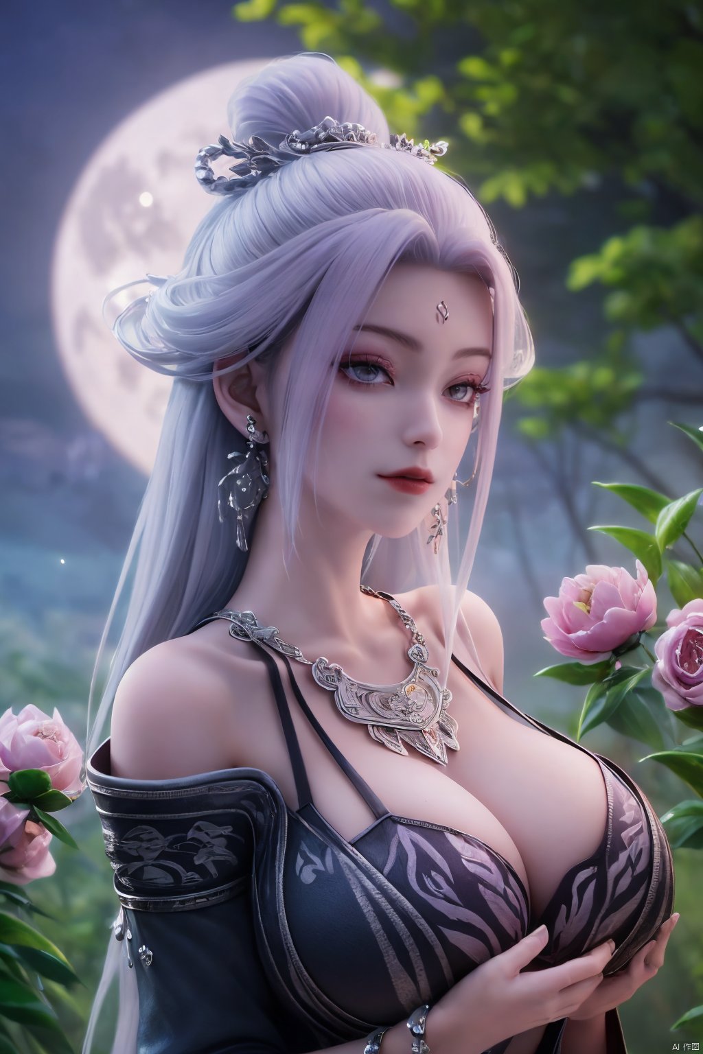  (best quality,masterpiece),Yunxiao_Fairy,1girl,solo,long hair,looking at viewer,jewelry,closed mouth,purple eyes,upper body,purple hair,earrings,blurry,blurry background,sunlight,red lips,(big breasts:1.39),(Peony,full moon:1.39),Xtianhuxiaobai