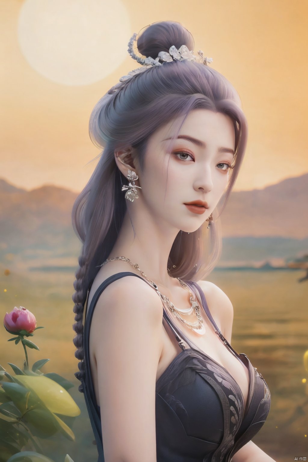  (best quality,masterpiece),Yunxiao_Fairy,1girl,solo,long hair,looking at viewer,jewelry,closed mouth,purple eyes,upper body,purple hair,earrings,blurry,blurry background,sunlight,red lips,(big breasts:1.39),(Peony,full moon:1.39),Xtianhuxiaobai