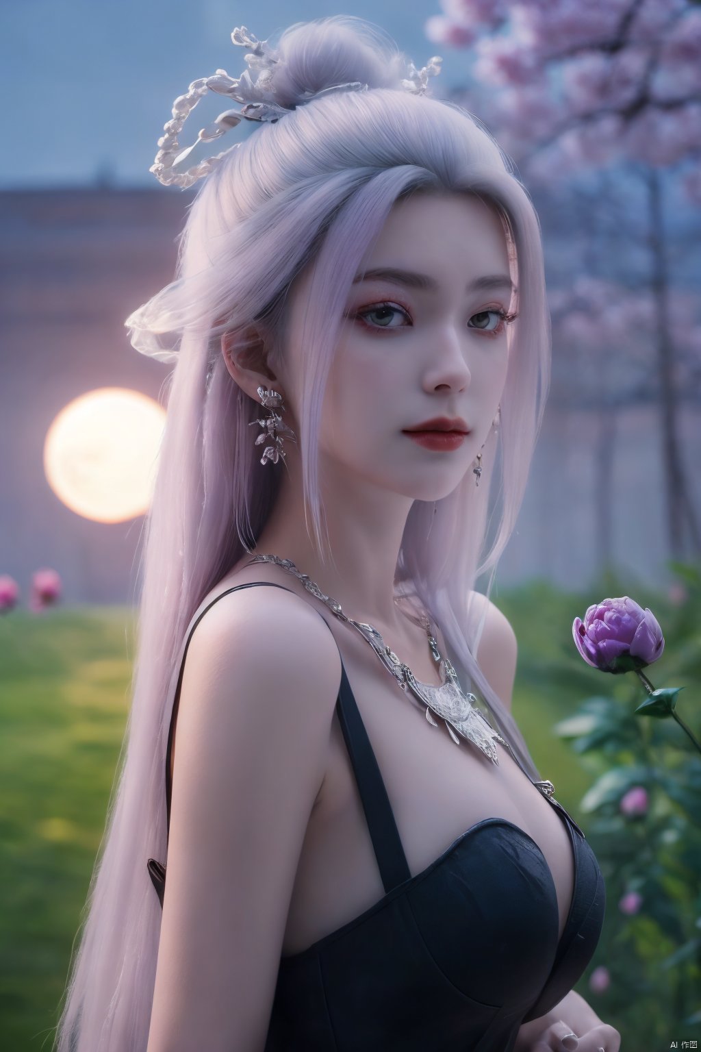  (best quality,masterpiece),Yunxiao_Fairy,1girl,solo,long hair,looking at viewer,jewelry,closed mouth,purple eyes,upper body,purple hair,earrings,blurry,blurry background,sunlight,red lips,(big breasts:1.39),(Peony,full moon:1.39),Xtianhuxiaobai