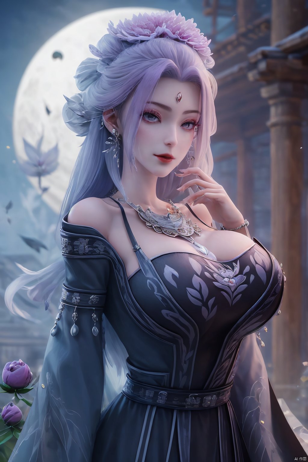  (best quality,masterpiece),Yunxiao_Fairy,1girl,solo,long hair,looking at viewer,jewelry,closed mouth,purple eyes,upper body,purple hair,earrings,blurry,blurry background,sunlight,red lips,(big breasts:1.39),(Peony,full moon:1.39),Xtianhuxiaobai