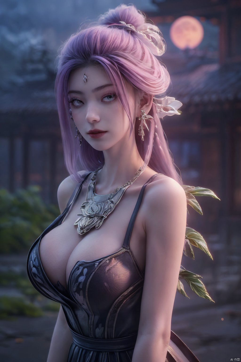  (best quality,masterpiece),Yunxiao_Fairy,1girl,solo,long hair,looking at viewer,jewelry,closed mouth,purple eyes,upper body,purple hair,earrings,blurry,blurry background,sunlight,red lips,(big breasts:1.39),(Peony,full moon:1.39),Xtianhuxiaobai