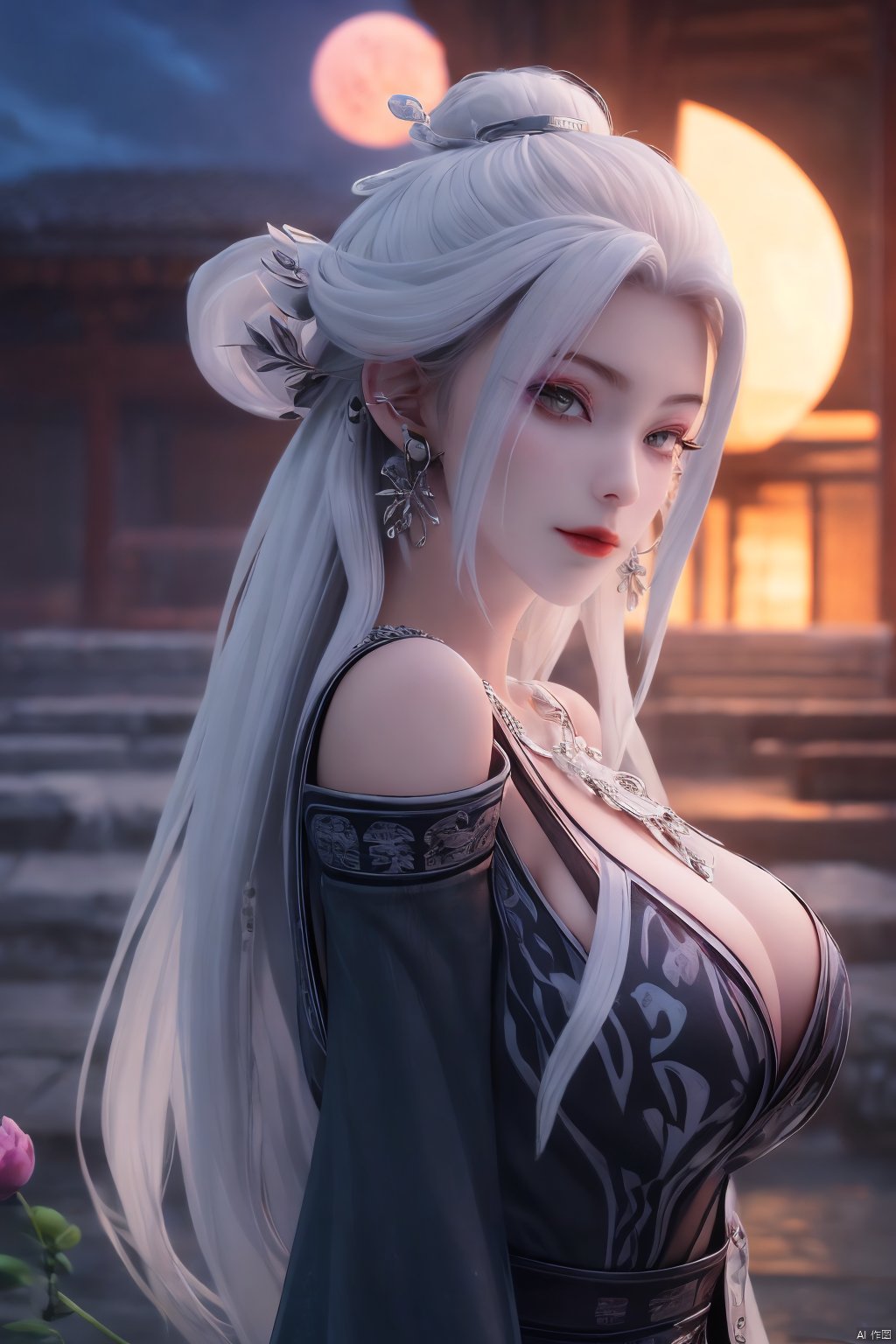  (best quality,masterpiece),Yunxiao_Fairy,1girl,solo,long hair,looking at viewer,jewelry,closed mouth,purple eyes,upper body,purple hair,earrings,blurry,blurry background,sunlight,red lips,(big breasts:1.39),(Peony,full moon:1.39),Xtianhuxiaobai