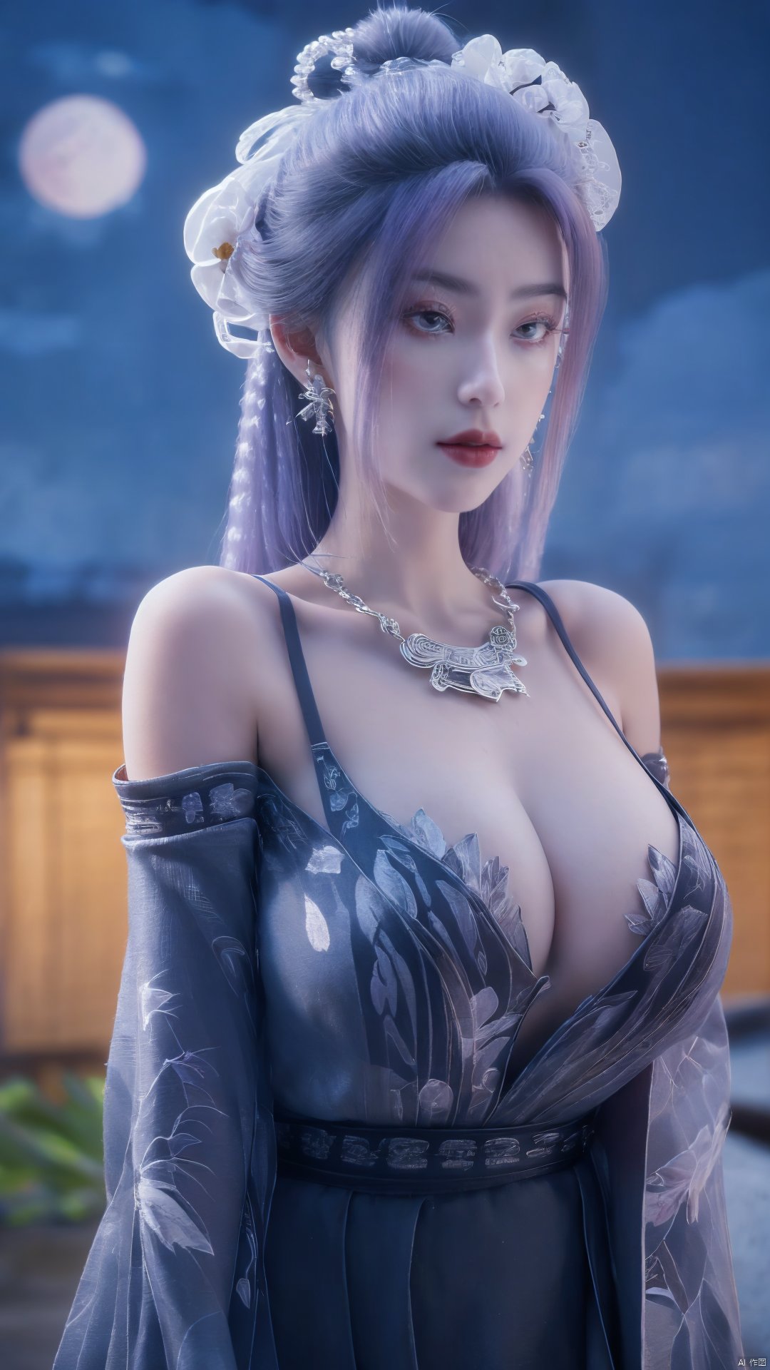  (best quality,masterpiece),Yunxiao_Fairy,1girl,solo,long hair,looking at viewer,jewelry,closed mouth,purple eyes,upper body,purple hair,earrings,blurry,blurry background,sunlight,red lips,(big breasts:1.39),(Peony,full moon:1.39),Xtianhuxiaobai