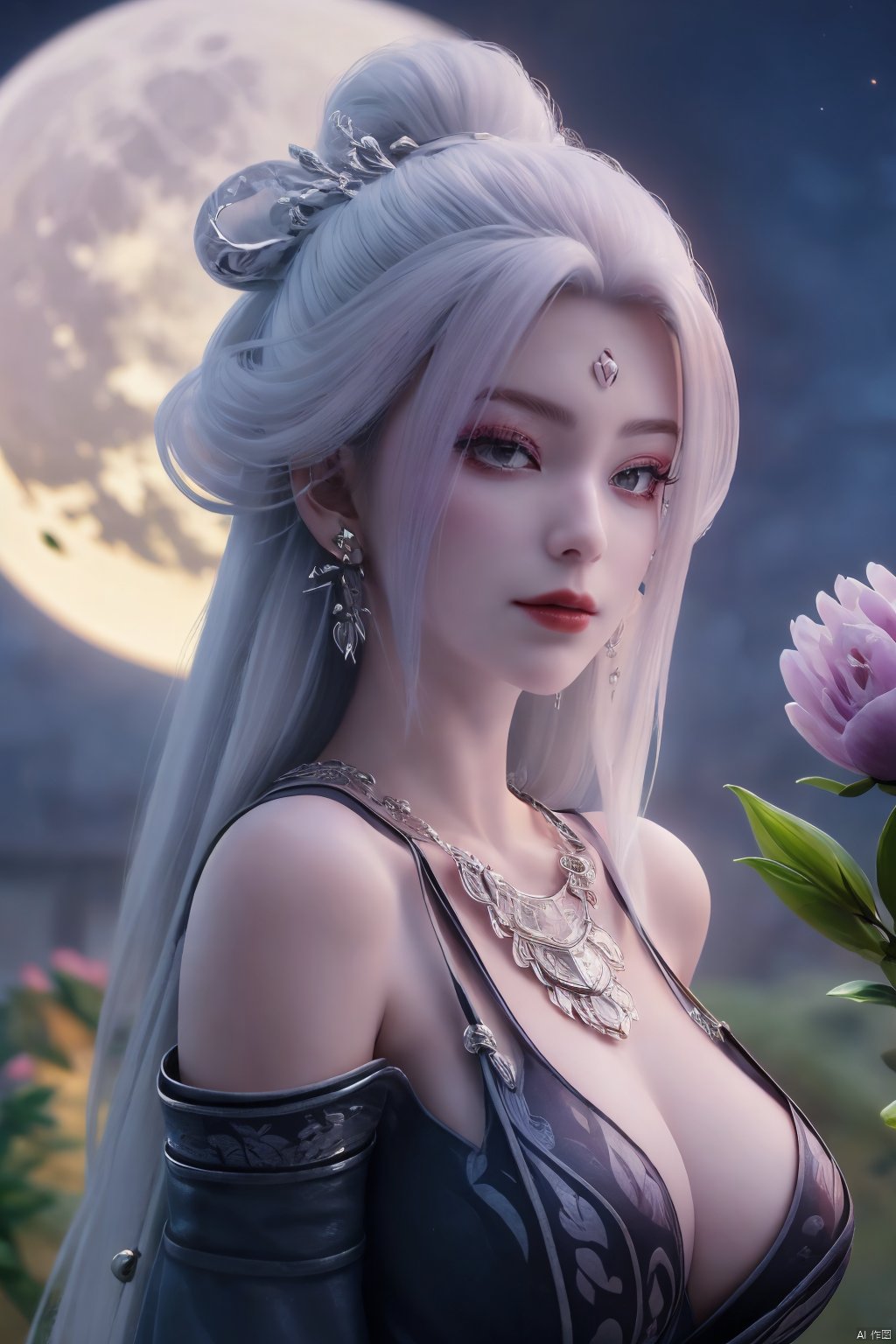  (best quality,masterpiece),Yunxiao_Fairy,1girl,solo,long hair,looking at viewer,jewelry,closed mouth,purple eyes,upper body,purple hair,earrings,blurry,blurry background,sunlight,red lips,(big breasts:1.39),(Peony,full moon:1.39),Xtianhuxiaobai