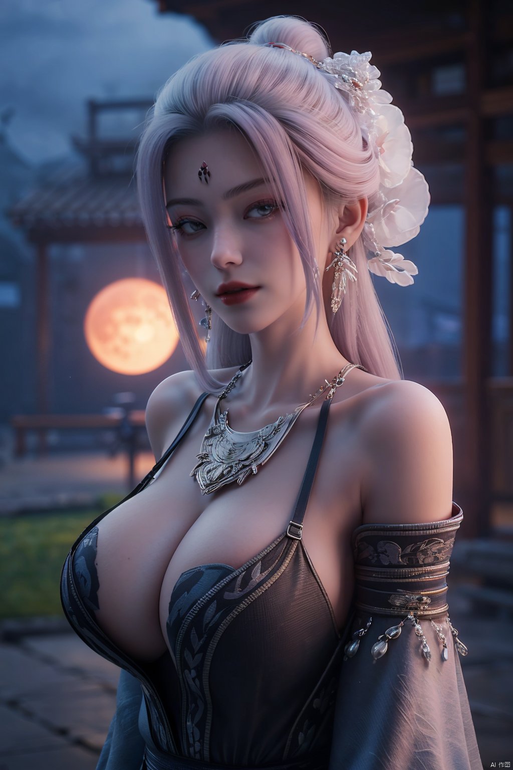  (best quality,masterpiece),Yunxiao_Fairy,1girl,solo,long hair,looking at viewer,jewelry,closed mouth,purple eyes,upper body,purple hair,earrings,blurry,blurry background,sunlight,red lips,(big breasts:1.39),(Peony,full moon:1.39),Xtianhuxiaobai