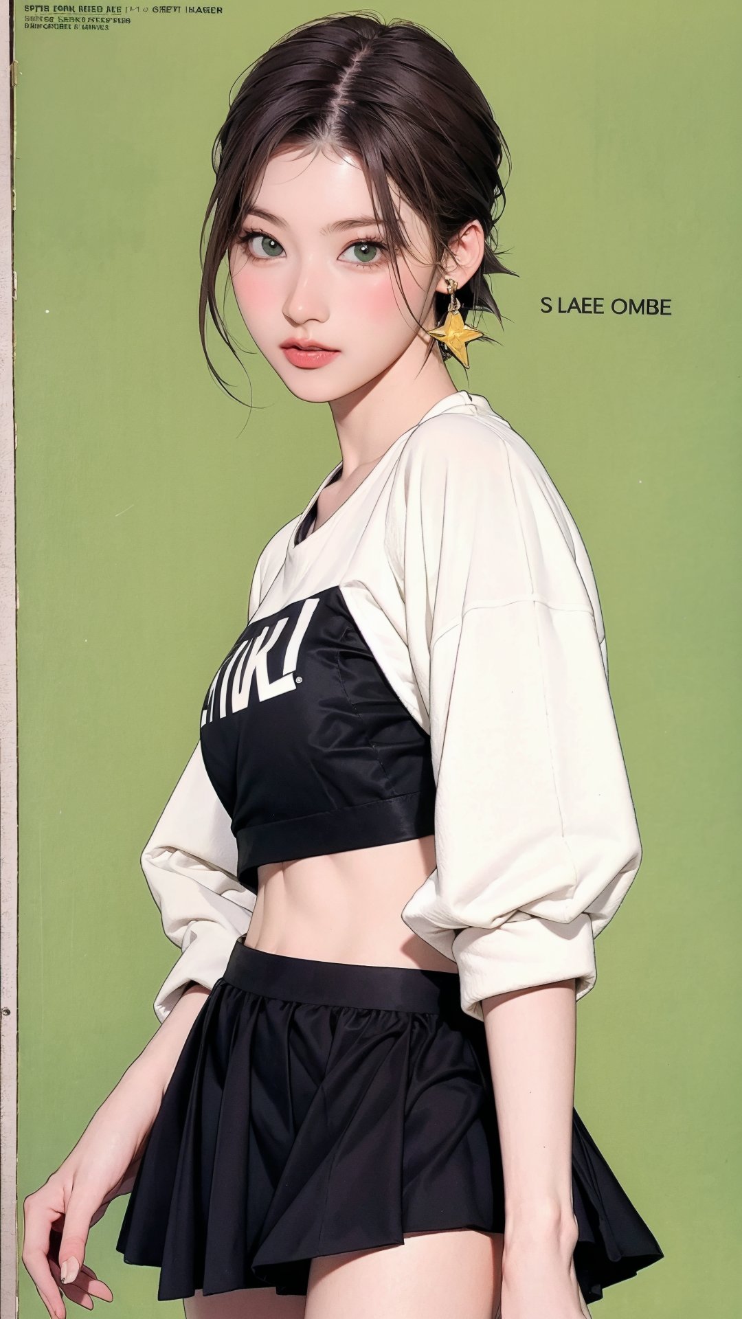 1girl, thigh up body, looking at viewer, styled shirt, croptop shirt, skirt, detailed clothes, earrings, sanatw, magazine cover, green background,