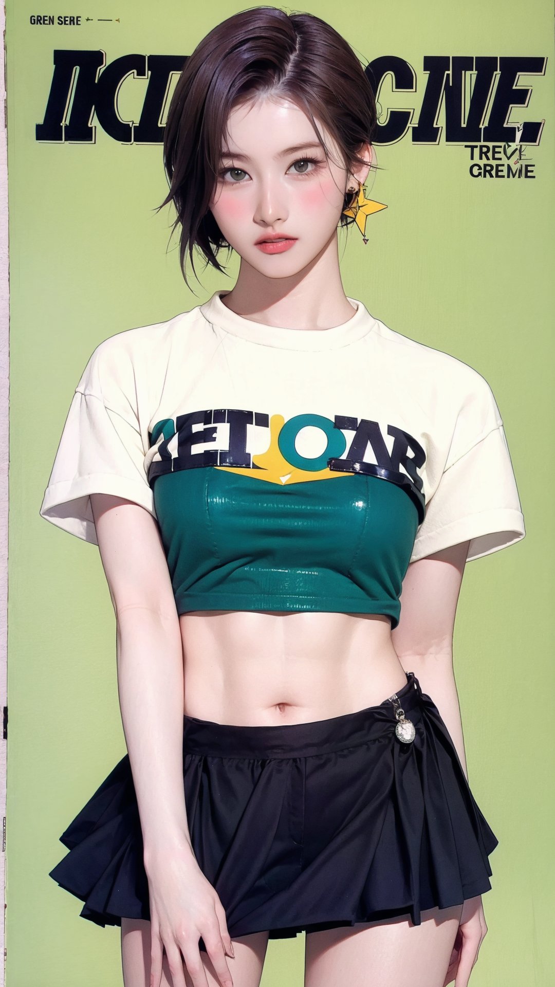 1girl, thigh up body, looking at viewer, styled shirt, croptop shirt, skirt, detailed clothes, earrings, sanatw, magazine cover, green background,