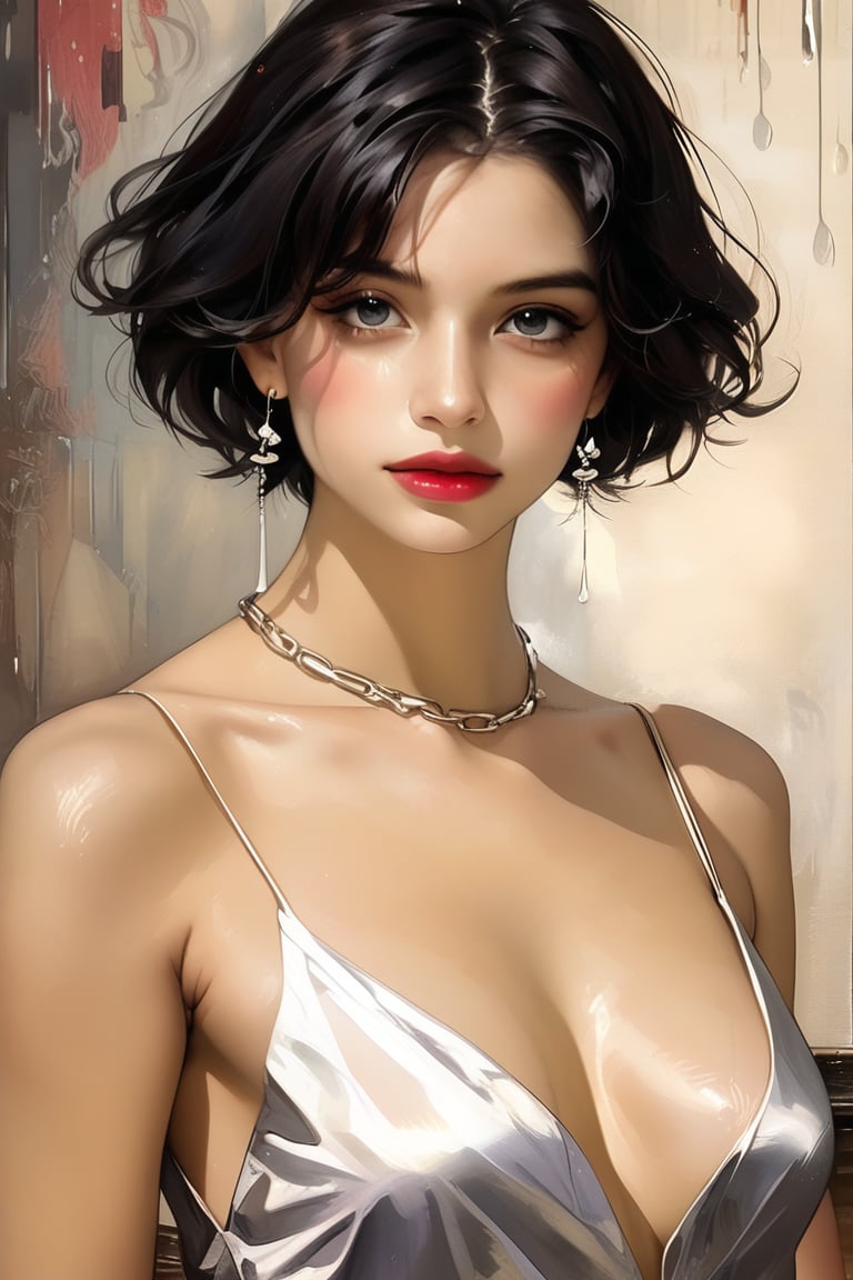 A sensual oil painting of a young woman with short,raven-black hair and hoop earrings, her bare back gleaming in warm light. (rough strokes,ethereal and mysterious atmosphere:1.1) Her solo figure is framed against a neutral background, drawing attention to the curves of her physique as she poses confidently. (Oil painting by Karol Bak:1.2),wine red backdrop,chiaroscuro lighting:1.3,(dark:1.2),ek_art_b00ster