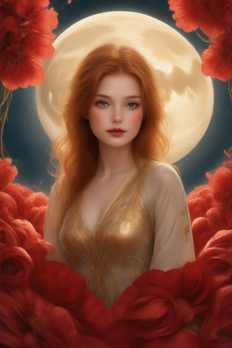 (1girl, face focus, medium shot, gracefully, golden petals and red flowers form intricate patterns against the backdrop of the moon, reminiscent of the styles of Yoann Lossel, Cyril Rolando, Nan Goldin, Lee Bontecou, and Loish), Detailed texture, High quality, High resolution, High precision, Realism, Color correction, Proper lighting settings, Harmonious composition, Behance Works,detail-rendering,Watercolor,Realistic Enhance,redhead,Elite